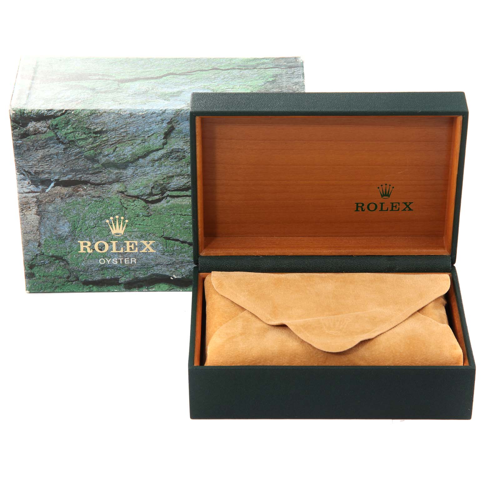 The image shows the watch box and protective pouch for a Rolex Turn-o-Graph 16264 Men
s Stainless Steel Silver Dial 16264 Men
s Stainless Steel Silver Dial model, taken from the front.