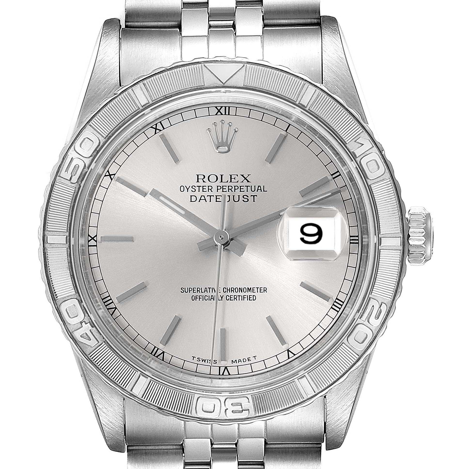 This image shows a front view of a Rolex Turn-o-Graph 16264 Men
s Stainless Steel Silver Dial 16264 Men
s Stainless Steel Silver Dial watch, highlighting the dial, bezel, crown, and bracelet.