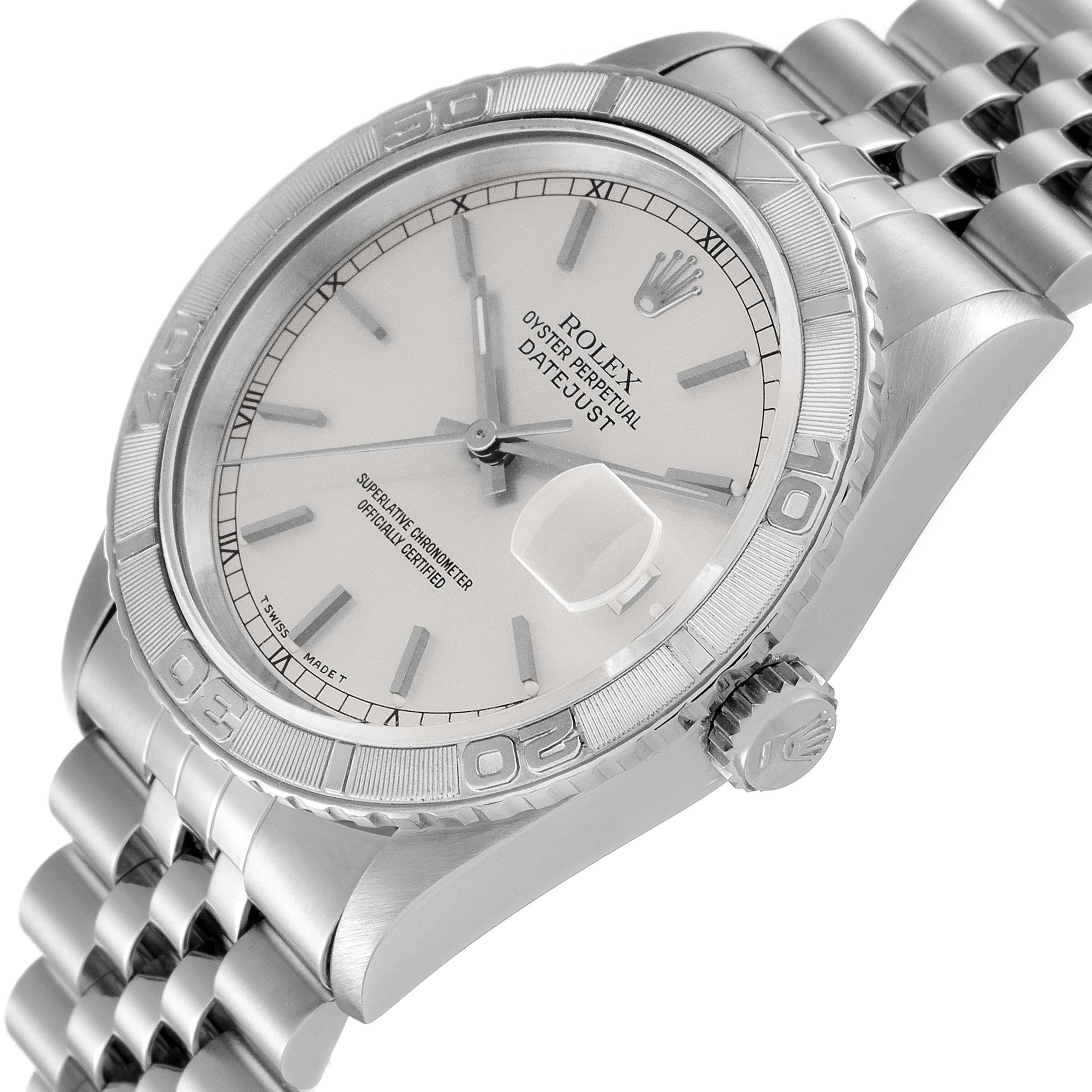 This image shows the Rolex Turn-o-Graph 16264 Men
s Stainless Steel Silver Dial 16264 Men
s Stainless Steel Silver Dial watch at a slight angle, focusing on the face, bezel, crown, and part of the bracelet.