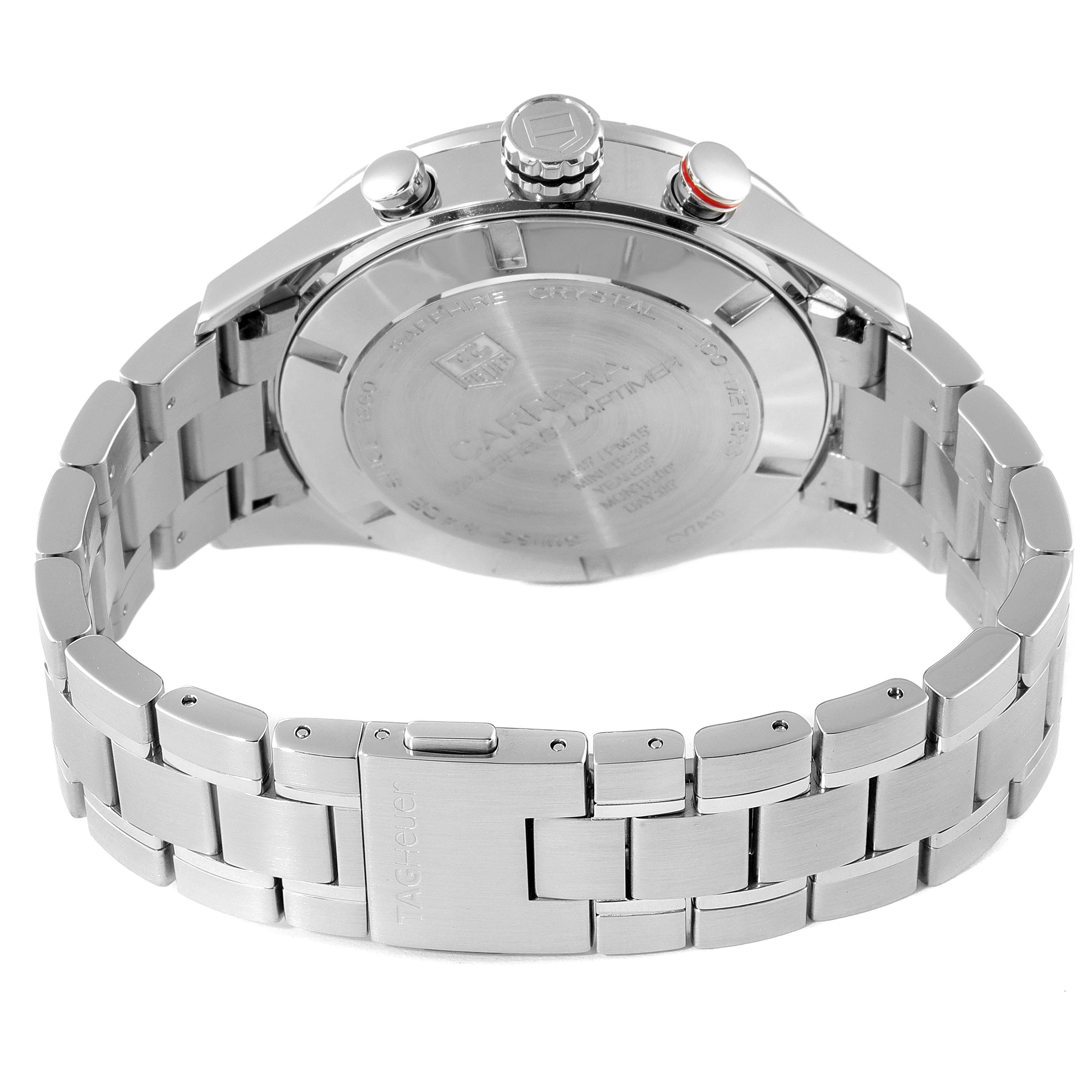 The image shows the back view of a Tag Heuer Carrera CV7A10 Men
s Stainless Steel Black Dial CV7A10 Men
s Stainless Steel Black Dial watch, highlighting its stainless steel bracelet and clasp.