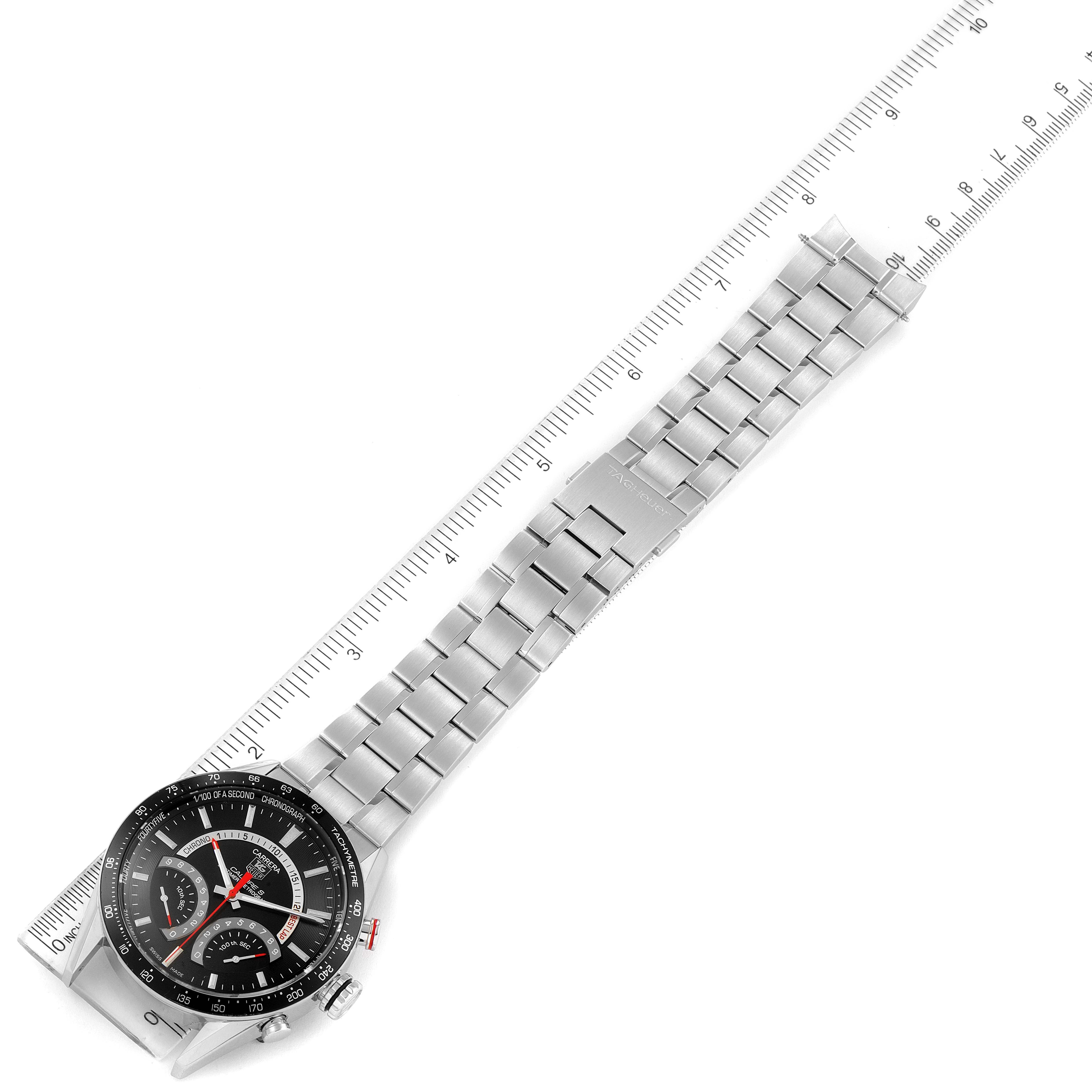 The Tag Heuer Carrera CV7A10 Men
s Stainless Steel Black Dial CV7A10 Men
s Stainless Steel Black Dial watch is shown from an angled top view, showcasing its face and metal bracelet strap.