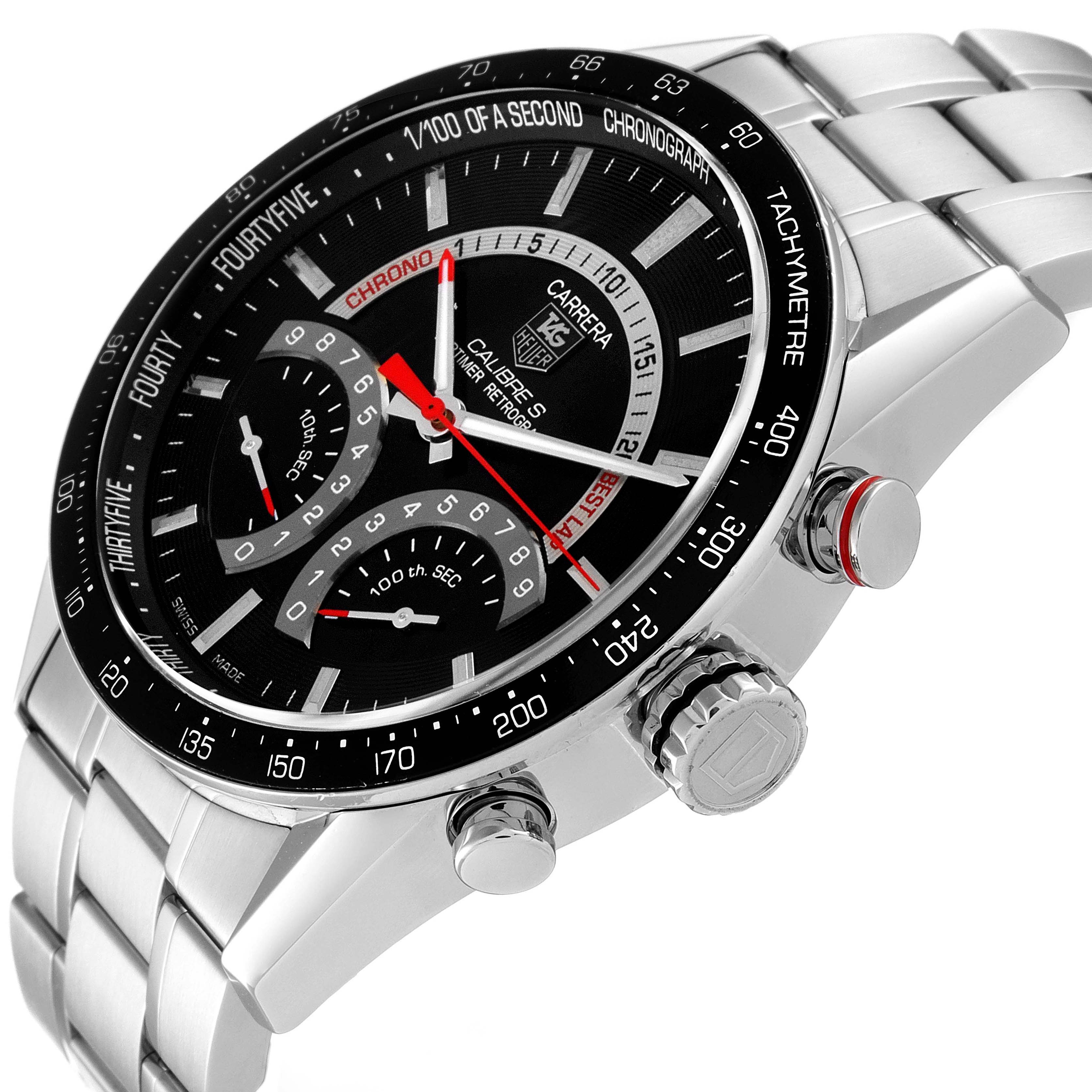 The image shows a close-up angle of the dial, bezel, crown, and part of the bracelet of the Tag Heuer Carrera CV7A10 Men
s Stainless Steel Black Dial CV7A10 Men
s Stainless Steel Black Dial watch.