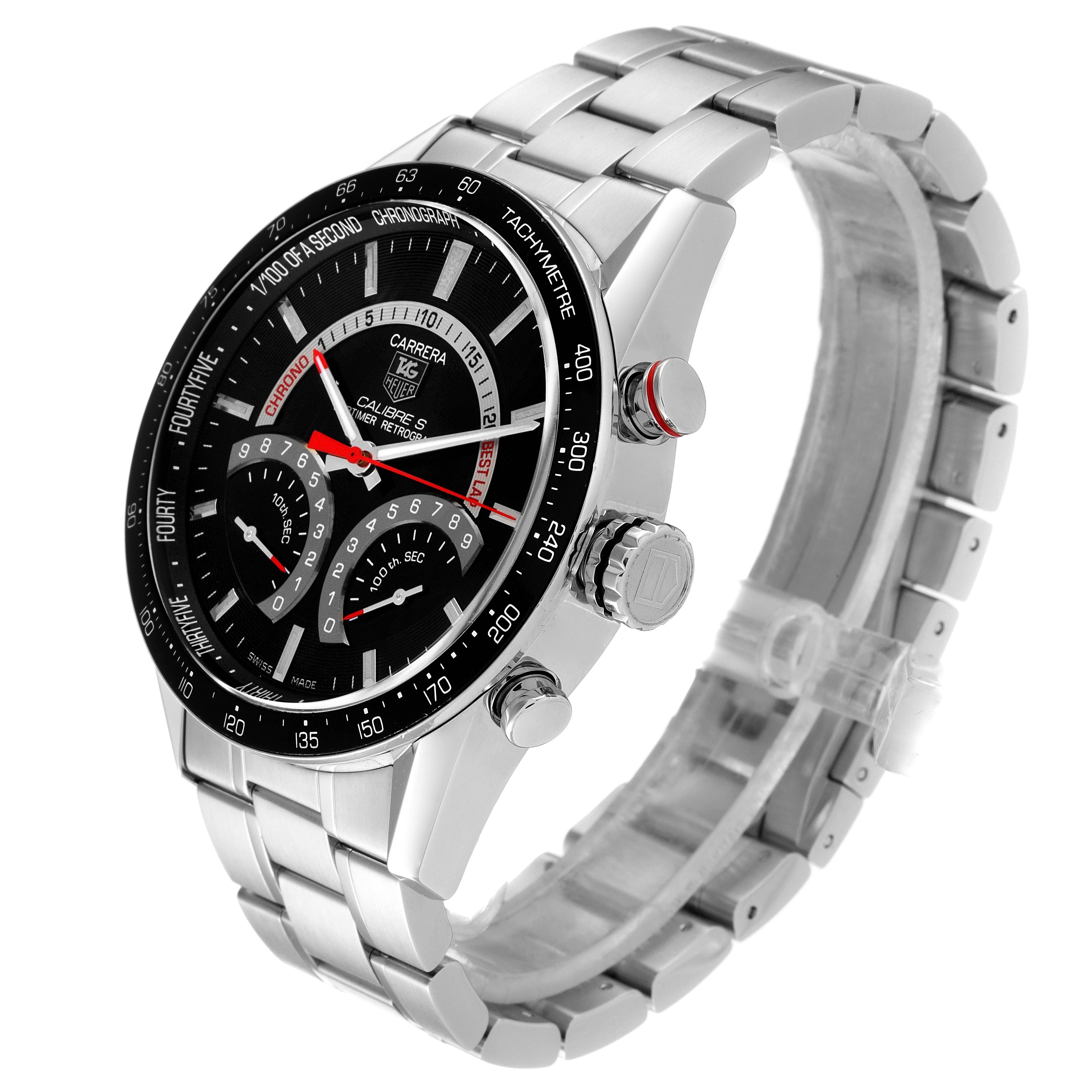 This image shows a side view of the Tag Heuer Carrera CV7A10 Men
s Stainless Steel Black Dial CV7A10 Men
s Stainless Steel Black Dial watch, highlighting the face, buttons, and metal strap.