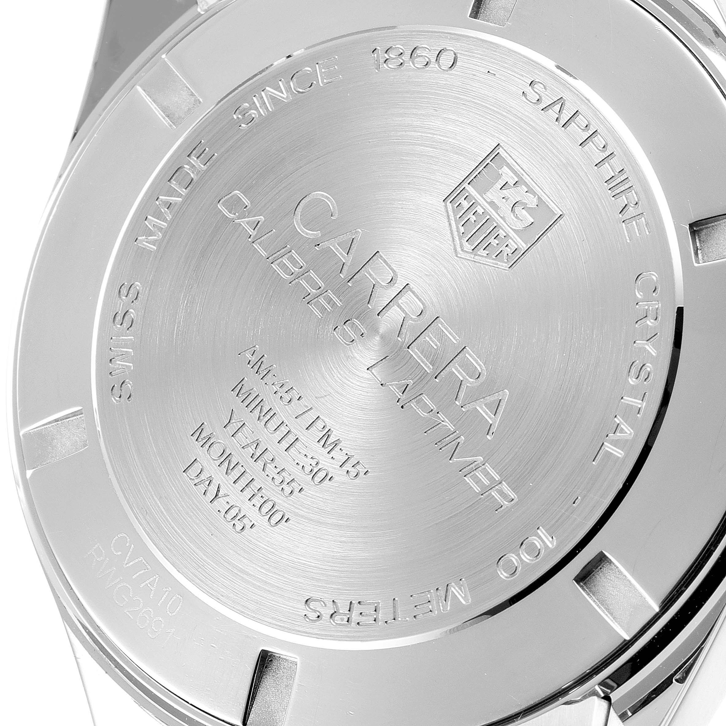 The image shows the back case of the Tag Heuer Carrera CV7A10 Men
s Stainless Steel Black Dial CV7A10 Men
s Stainless Steel Black Dial watch, highlighting specifications and engravings.