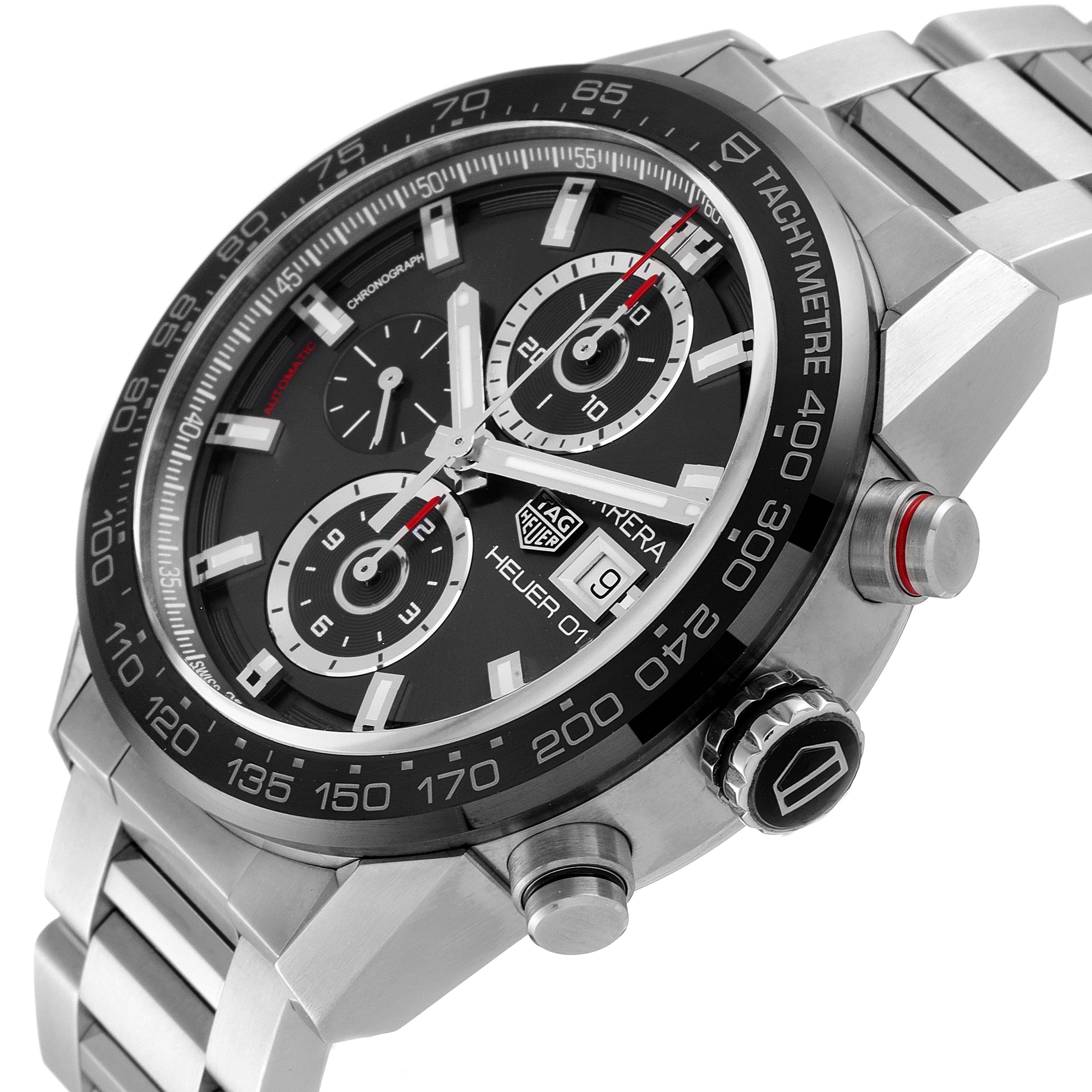 The image shows a close-up angled view of a Tag Heuer Carrera CAR201W.BA0714 Men's Stainless Steel Black Dial CAR201W.BA0714 Men's Stainless Steel Black Dial watch, highlighting the dial, bezel, and bracelet.