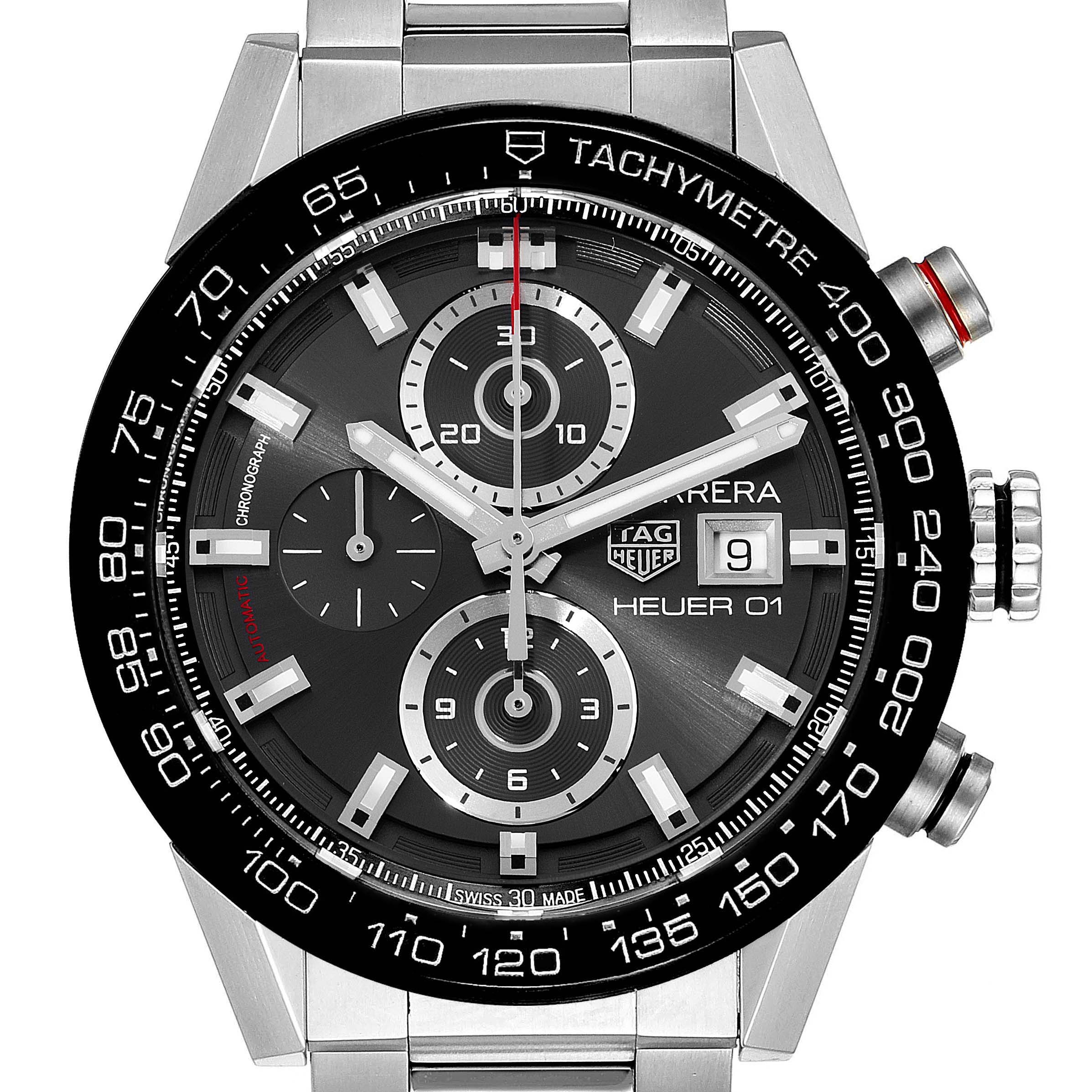 The image shows a front view of a Tag Heuer Carrera CAR201W.BA0714 Men's Stainless Steel Black Dial CAR201W.BA0714 Men's Stainless Steel Black Dial model watch, displaying the dial, tachymeter bezel, and chronograph sub-dials.