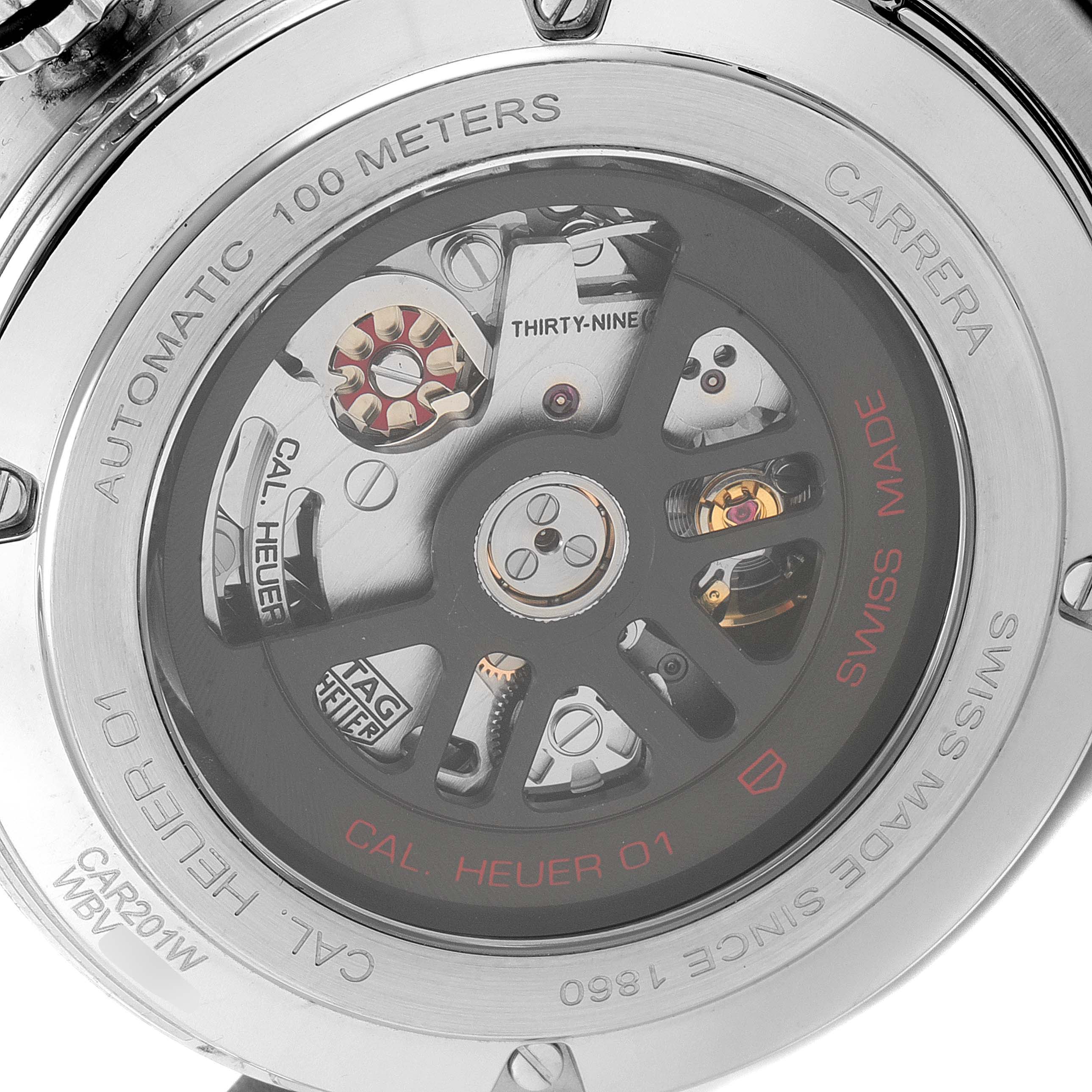 This image shows the back of the Carrera model by Tag Heuer, highlighting the automatic movement labeled "CAL. HEUER 01".
