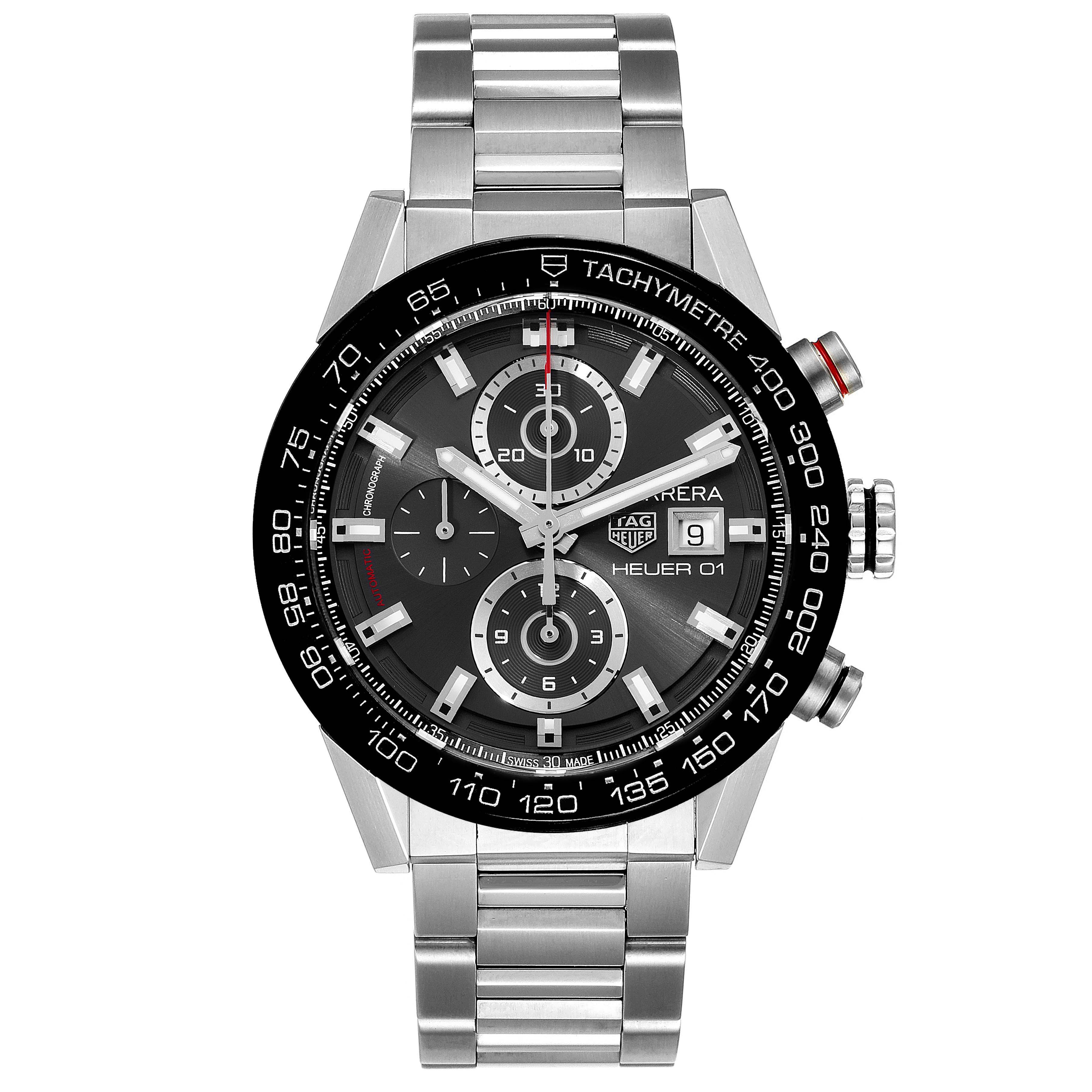 This image shows a Tag Heuer Carrera CAR201W.BA0714 Men's Stainless Steel Black Dial CAR201W.BA0714 Men's Stainless Steel Black Dial watch from a front angle, displaying its face, dial, tachymeter, and stainless steel bracelet.