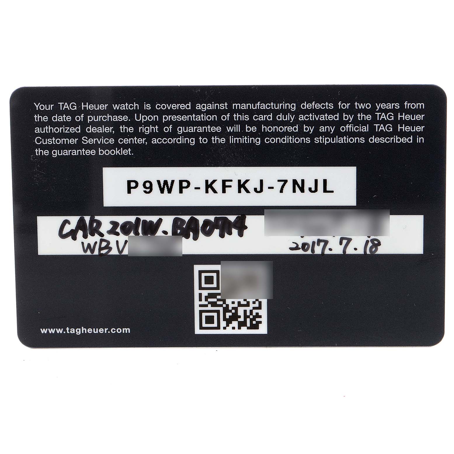 The image shows a warranty card for a Carrera model by Tag Heuer.