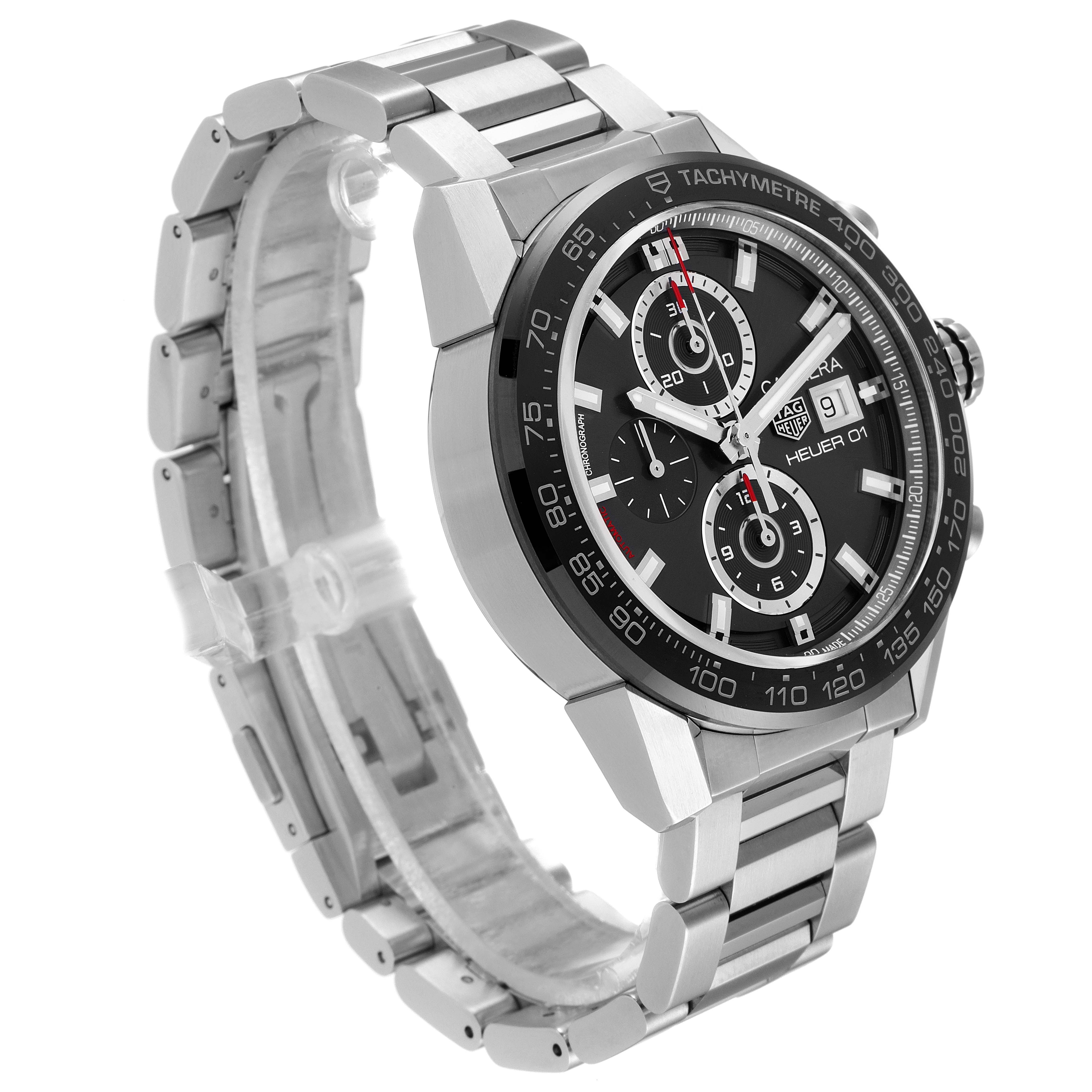 The image shows a Tag Heuer Carrera CAR201W.BA0714 Men's Stainless Steel Black Dial CAR201W.BA0714 Men's Stainless Steel Black Dial watch, angled to display the face, tachymeter bezel, and metal bracelet.