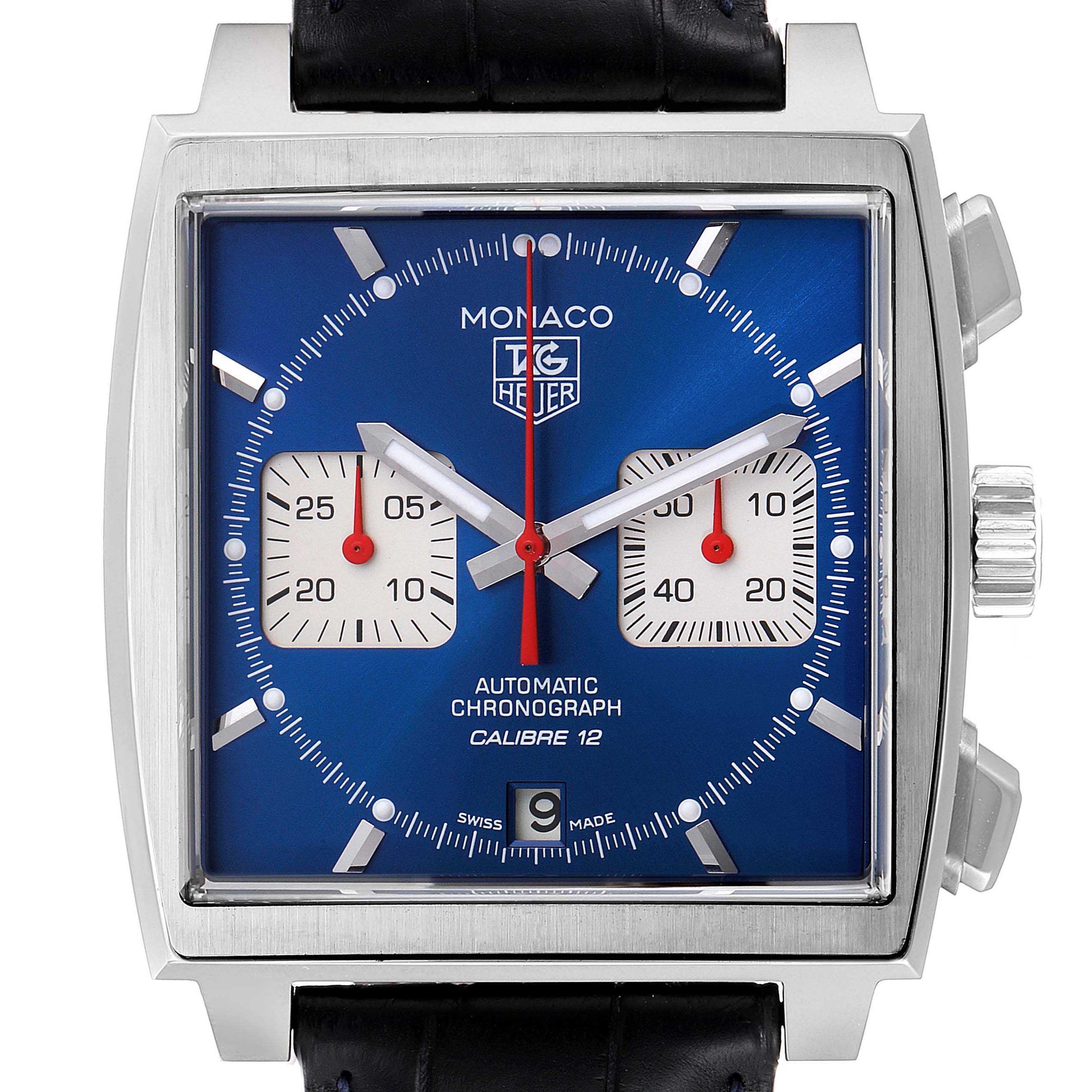 The image shows a front view of the Tag Heuer Monaco CAW2111 Men's Stainless Steel Blue Dial CAW2111 Men's Stainless Steel Blue Dial watch, showcasing its square face, blue dial, and chronograph subdials.