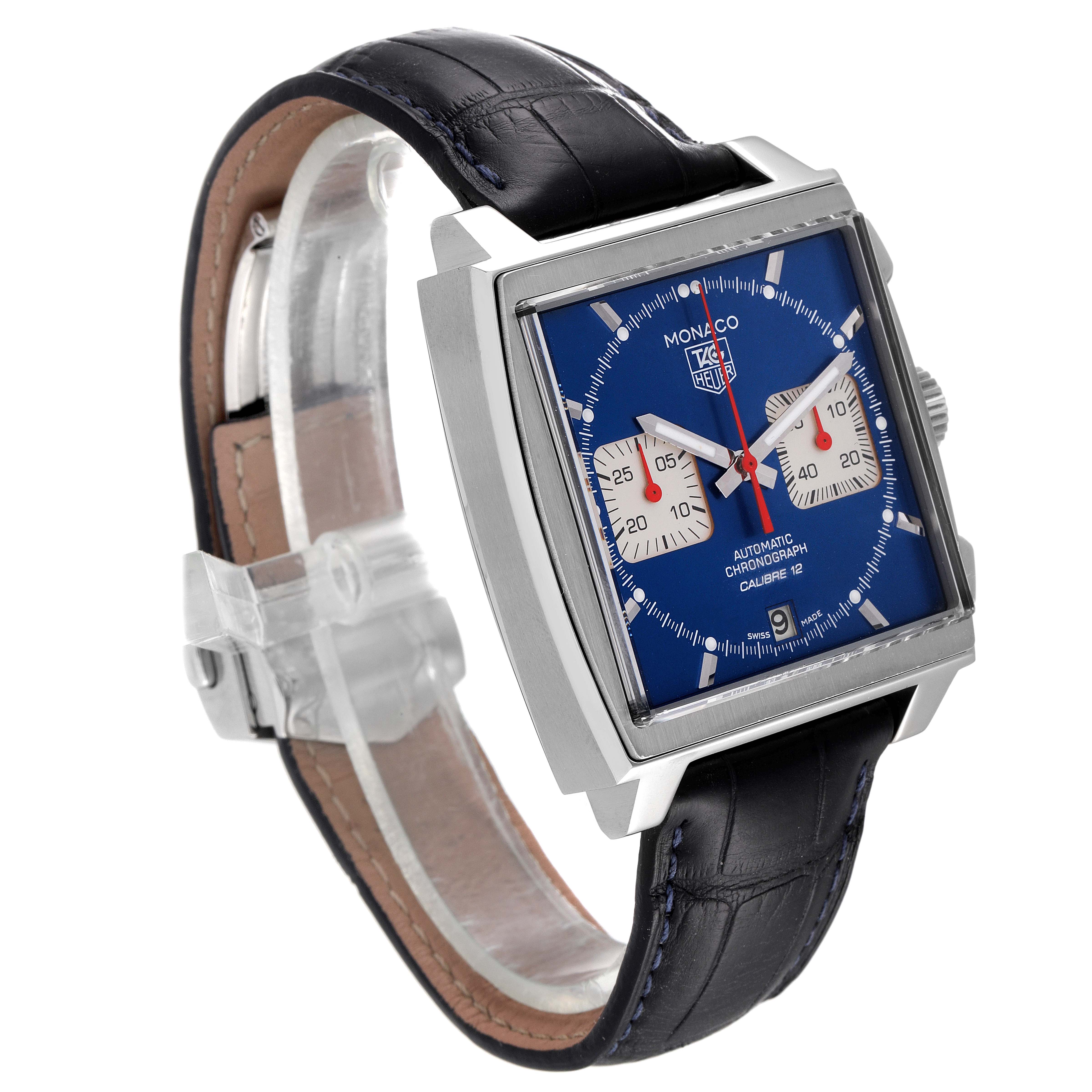 The image shows a front angled view of a Tag Heuer Monaco CAW2111 Men's Stainless Steel Blue Dial CAW2111 Men's Stainless Steel Blue Dial watch with a square face and blue dial on a black leather strap.