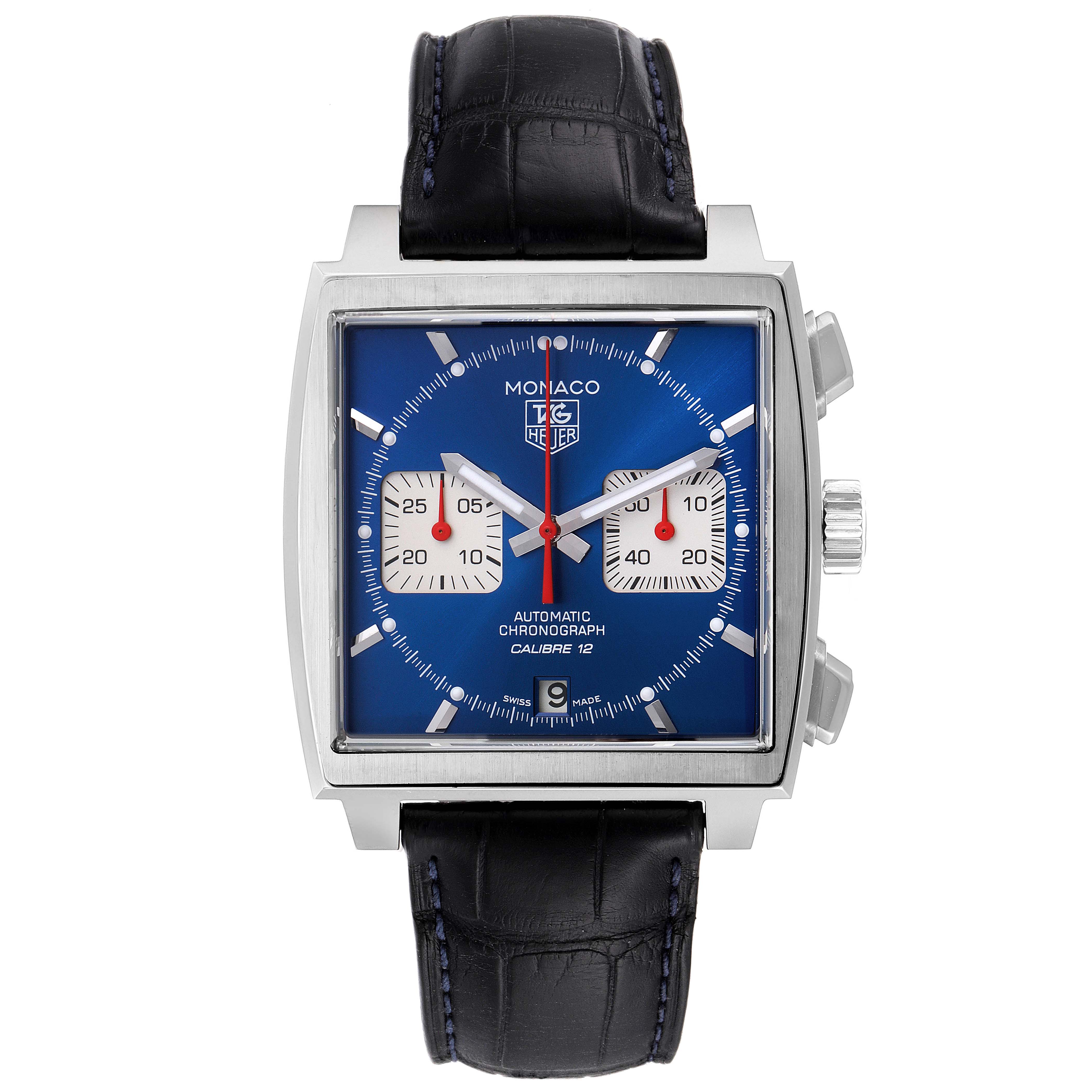 The Tag Heuer Monaco CAW2111 Men's Stainless Steel Blue Dial CAW2111 Men's Stainless Steel Blue Dial watch is shown from the front, displaying its face, dial, and leather strap.