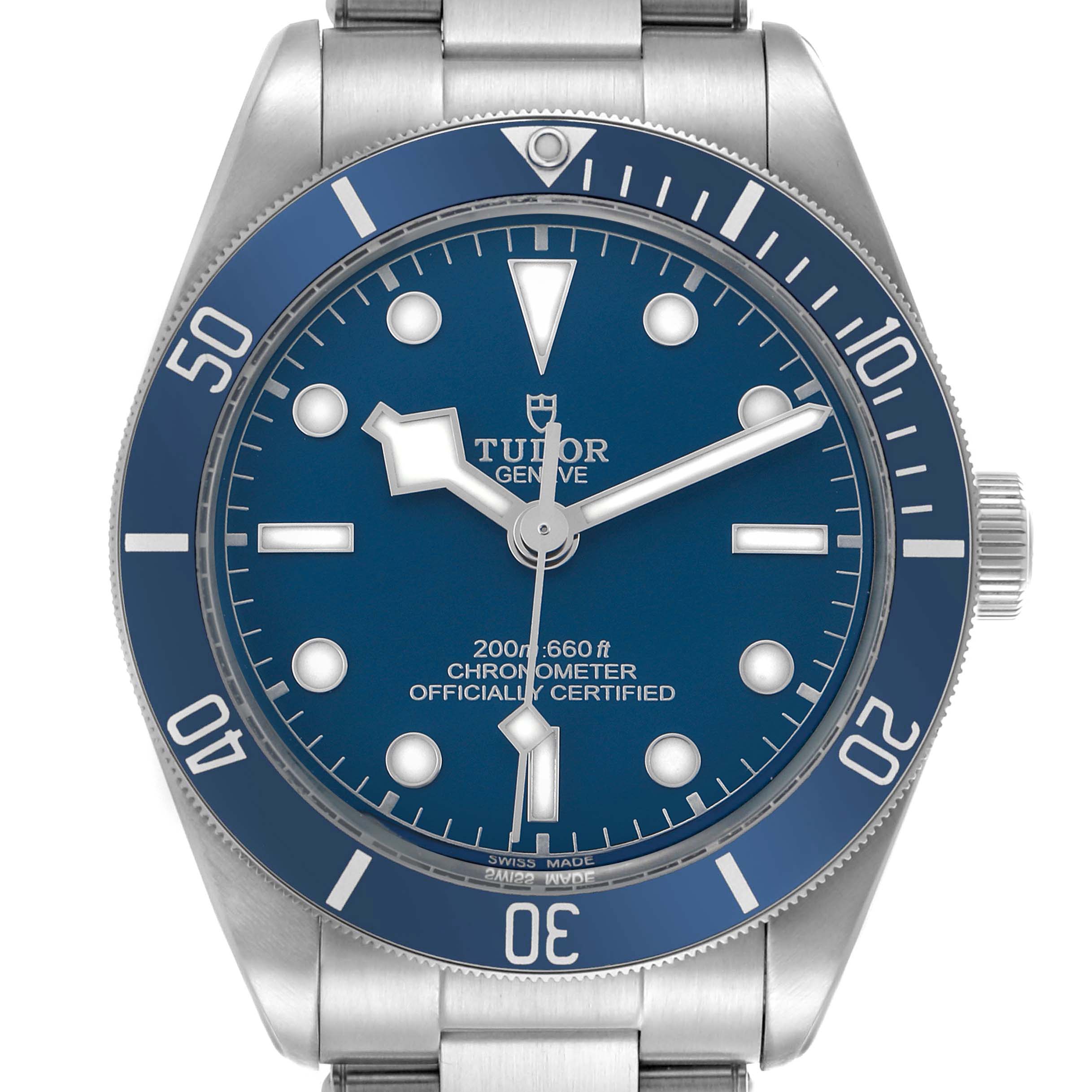 The image shows a front view of the Tudor Heritage Black Bay 79030B Men's Stainless Steel Blue Dial, highlighting the blue dial and bezel.