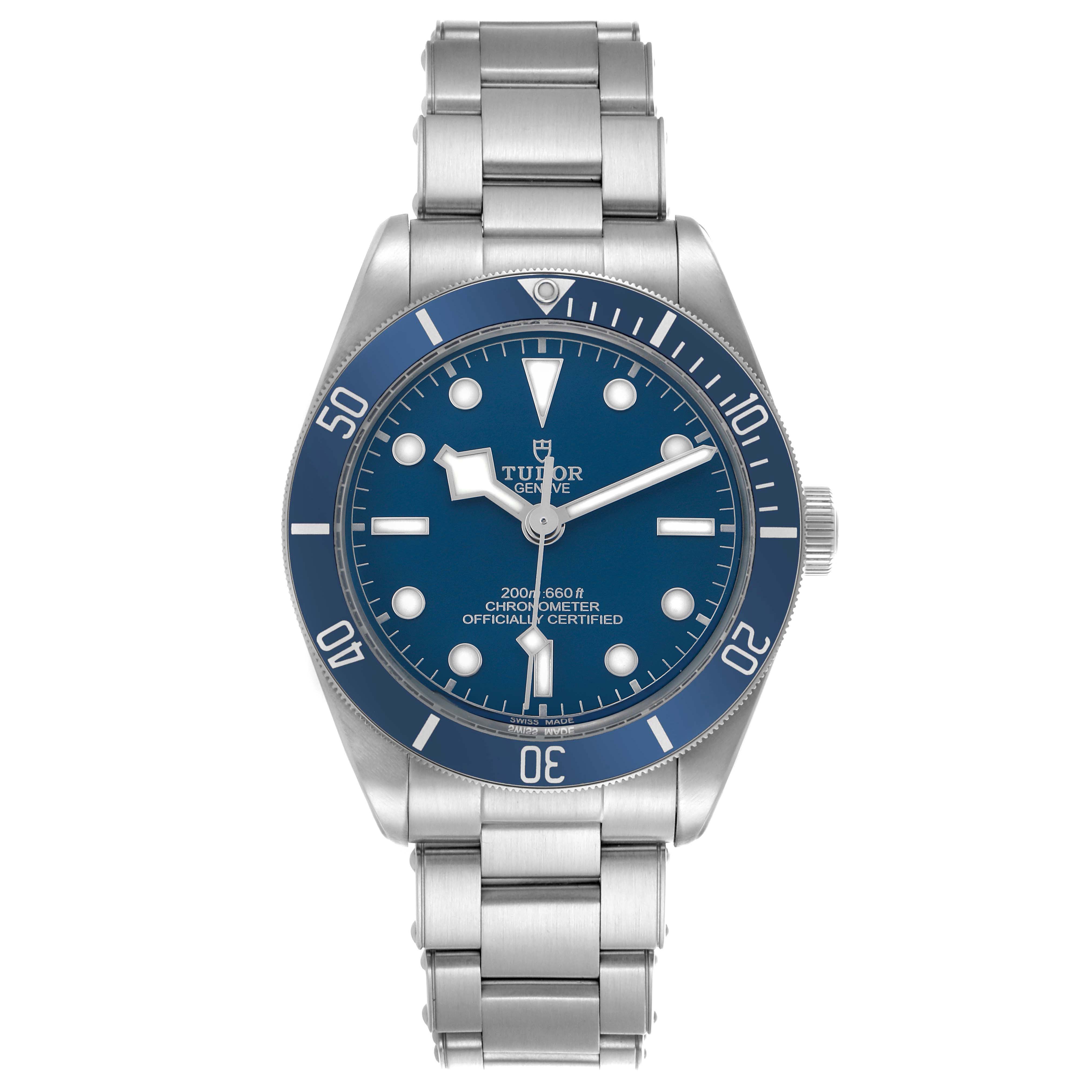 The Tudor Heritage Black Bay 79030B Men's Stainless Steel Blue Dial watch is shown from a front angle, displaying the dial, bezel, and bracelet.