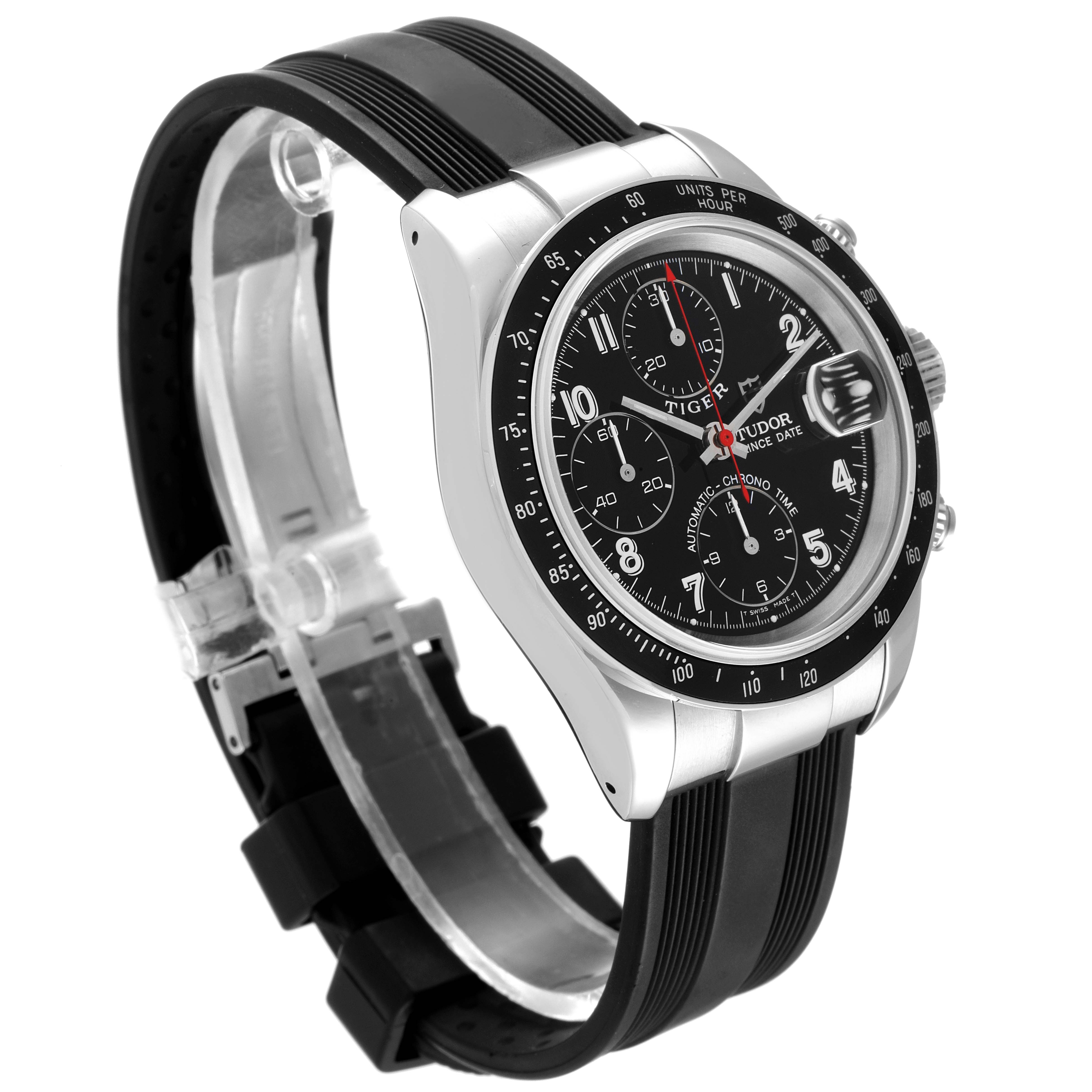 The image shows a side and front angle of the Tudor Prince model watch, highlighting the black dial and rubber strap.