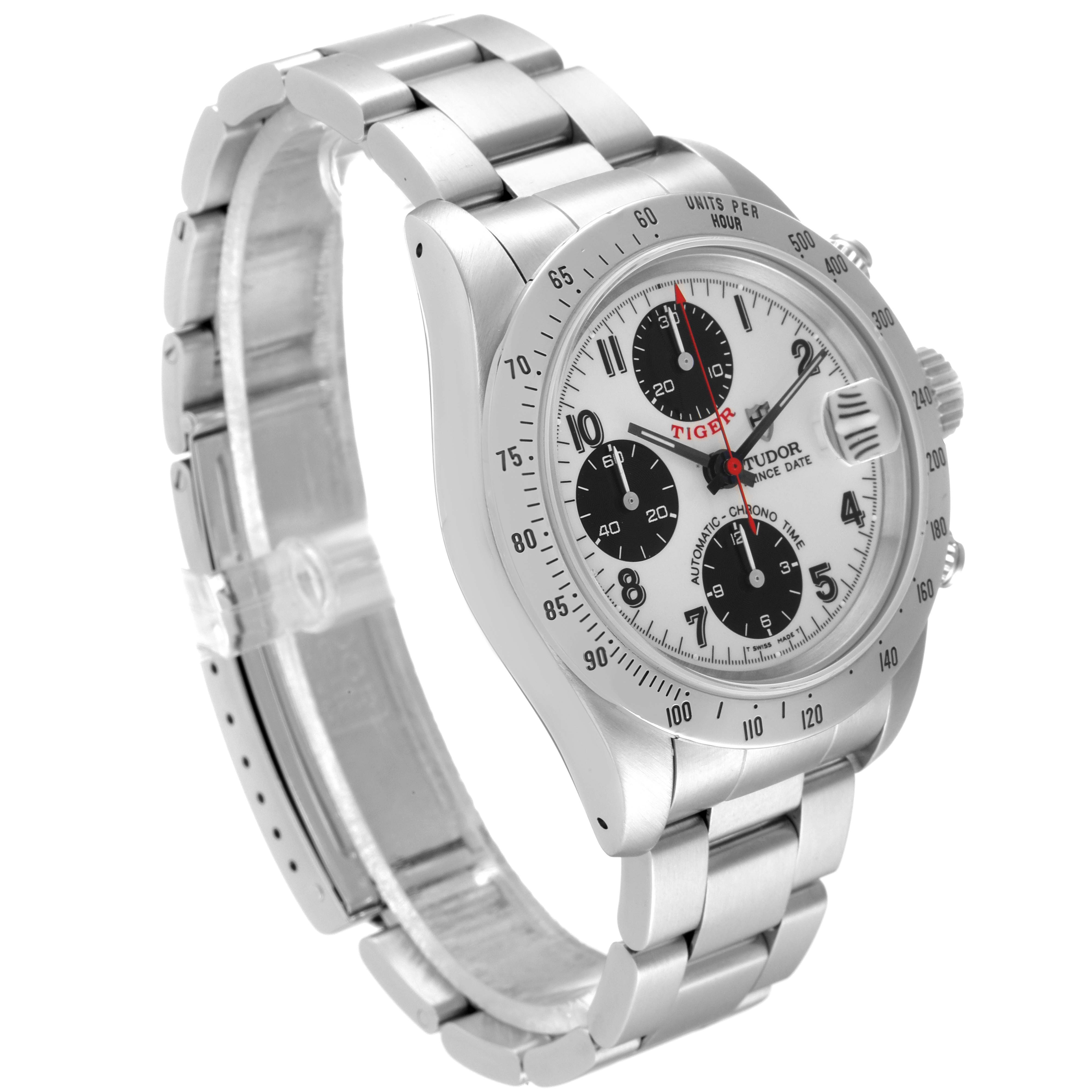 The Tudor Prince model watch is shown at a slight side angle, displaying the face, bezel, and stainless steel bracelet.