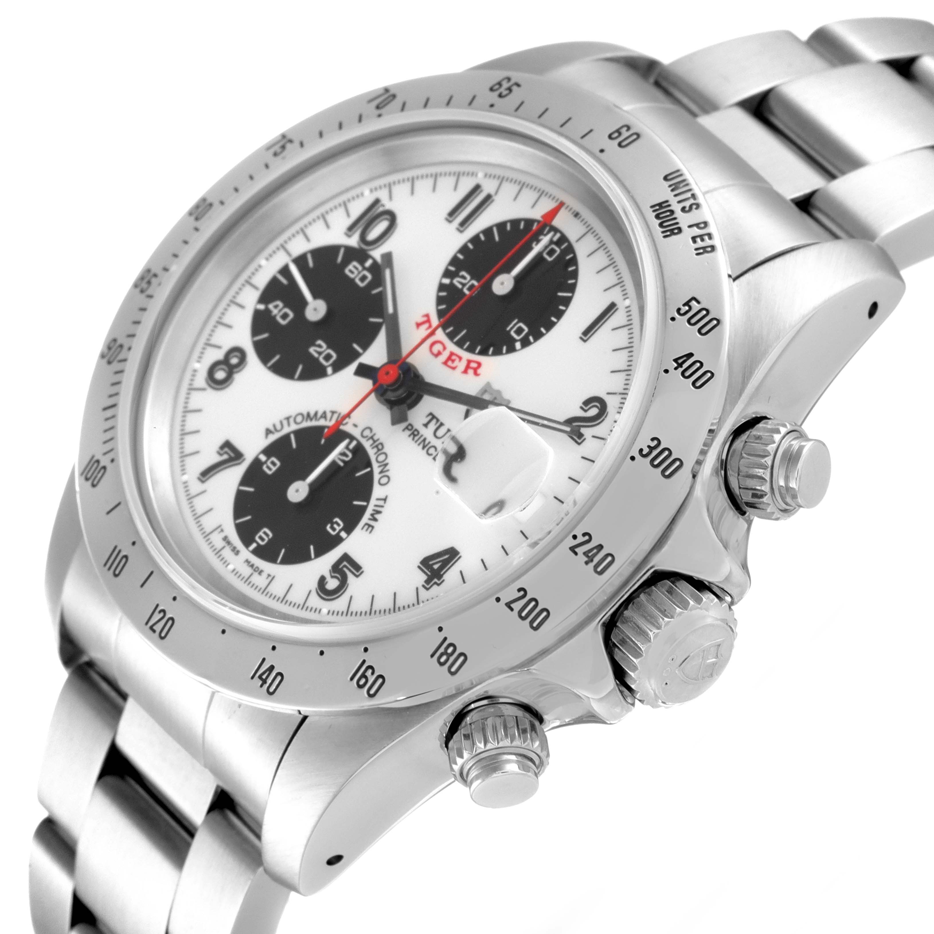 The image shows a Tudor Prince model watch at an angle highlighting the face, bezel, dials, crown, and part of the bracelet.