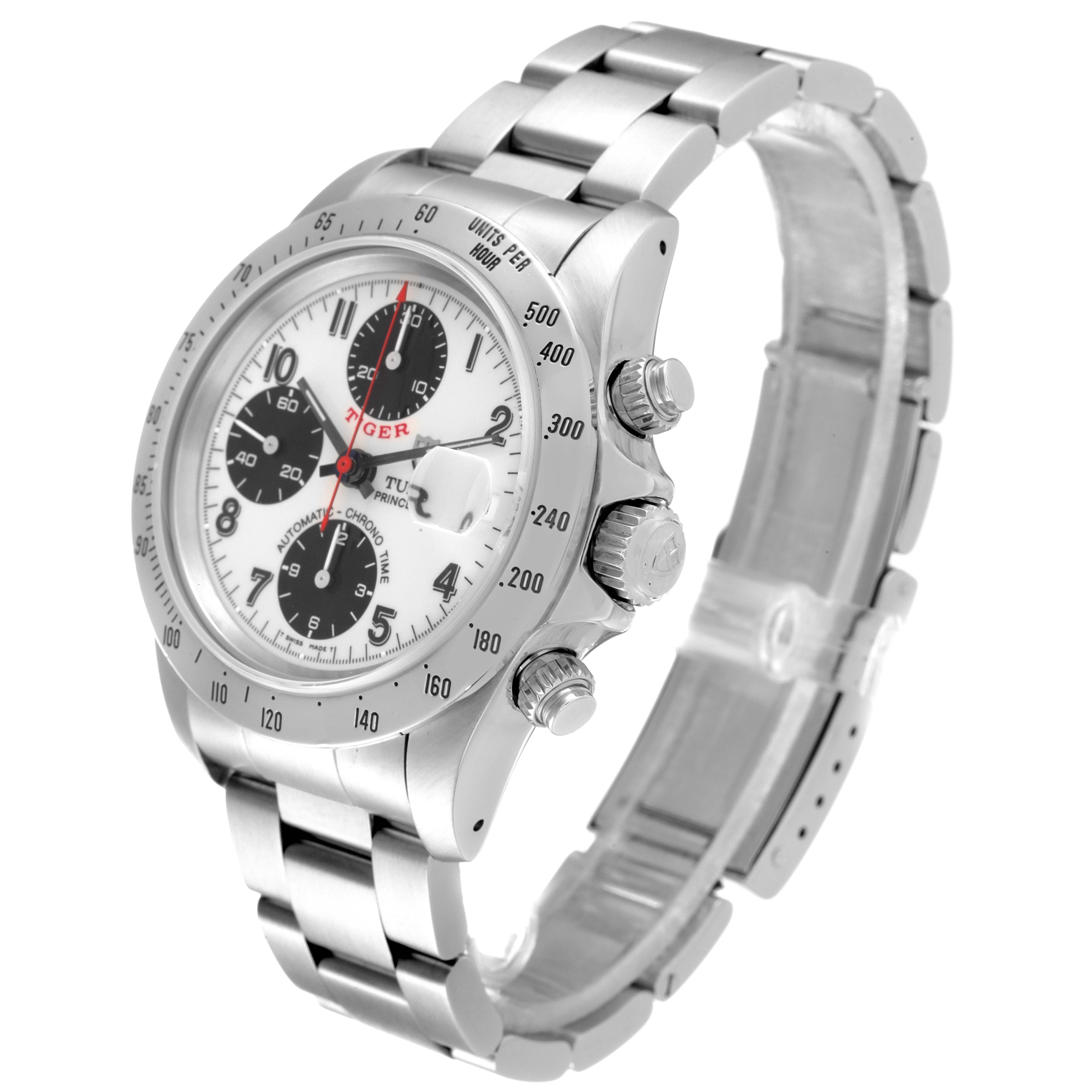 The image shows a Tudor Prince model watch at an oblique angle, highlighting its dial, bezel, crown, pushers, and bracelet.