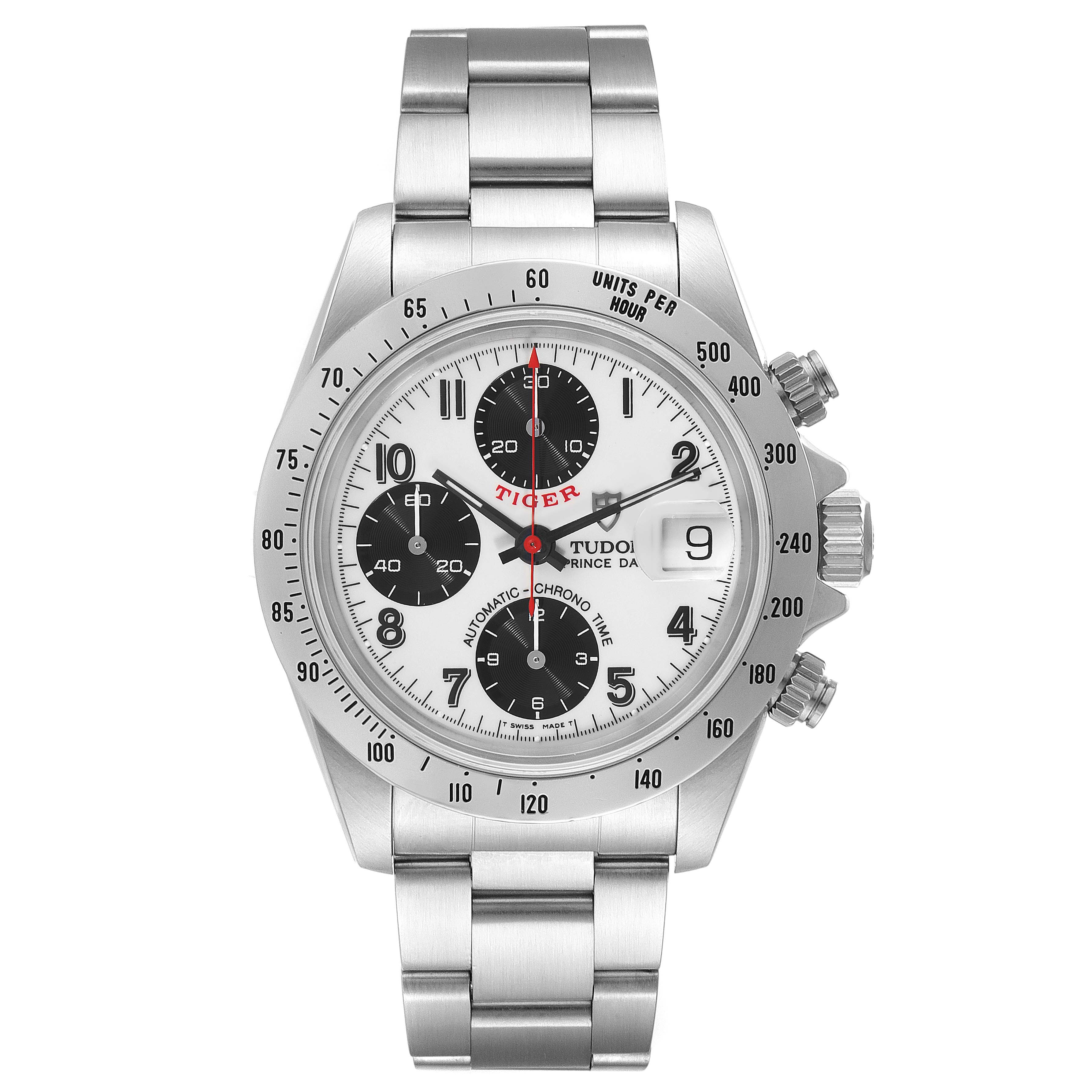 The image shows a front view of the Tudor Prince chronograph watch, highlighting the dial, subdials, and bracelet.