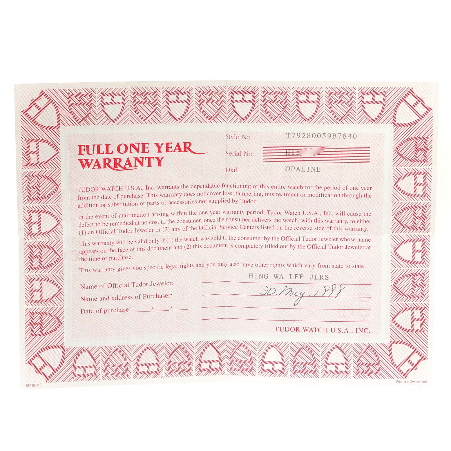 This is a full one-year warranty certificate for the Tudor Prince model watch.