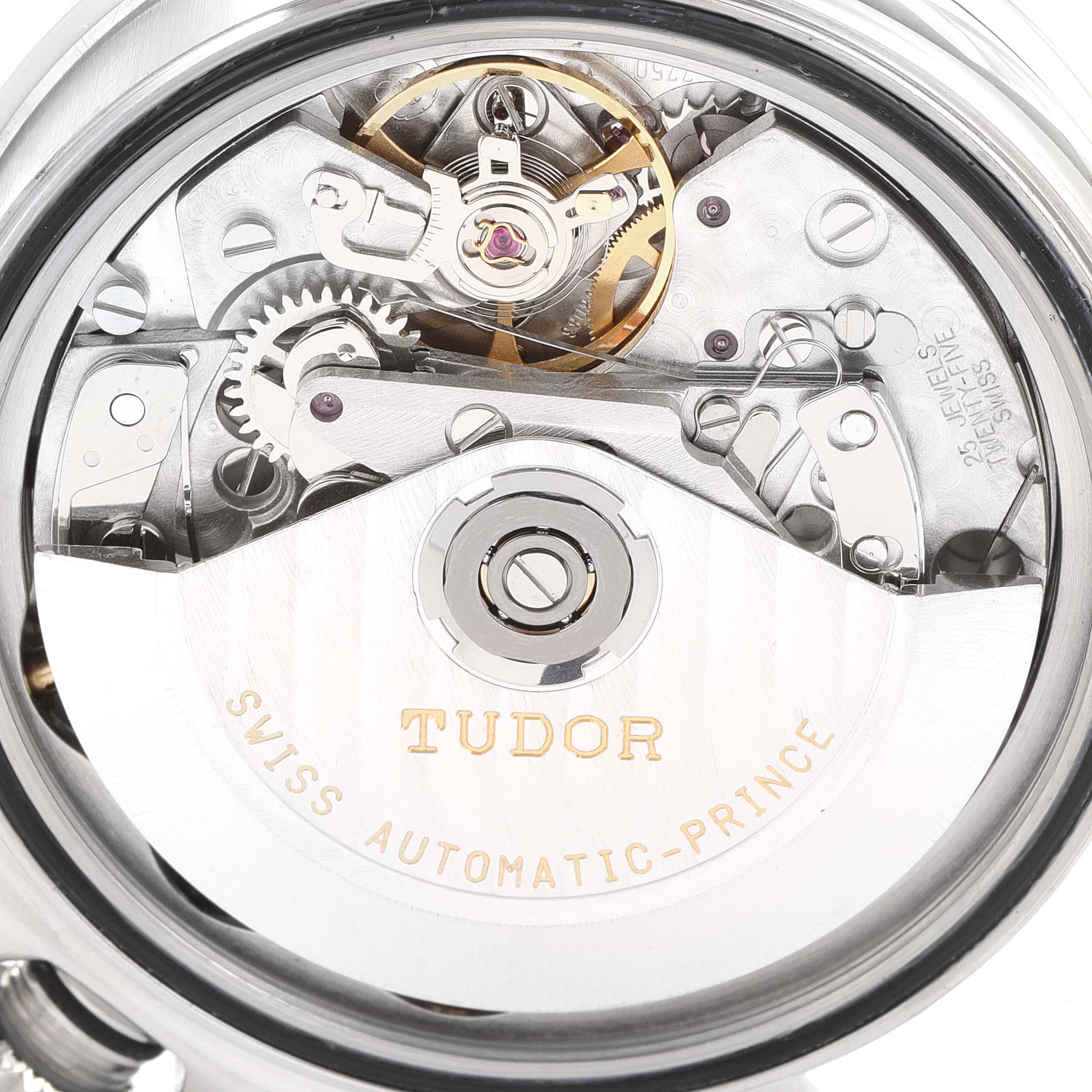 The image shows a close-up view of the movement mechanism of the Tudor Prince watch model.