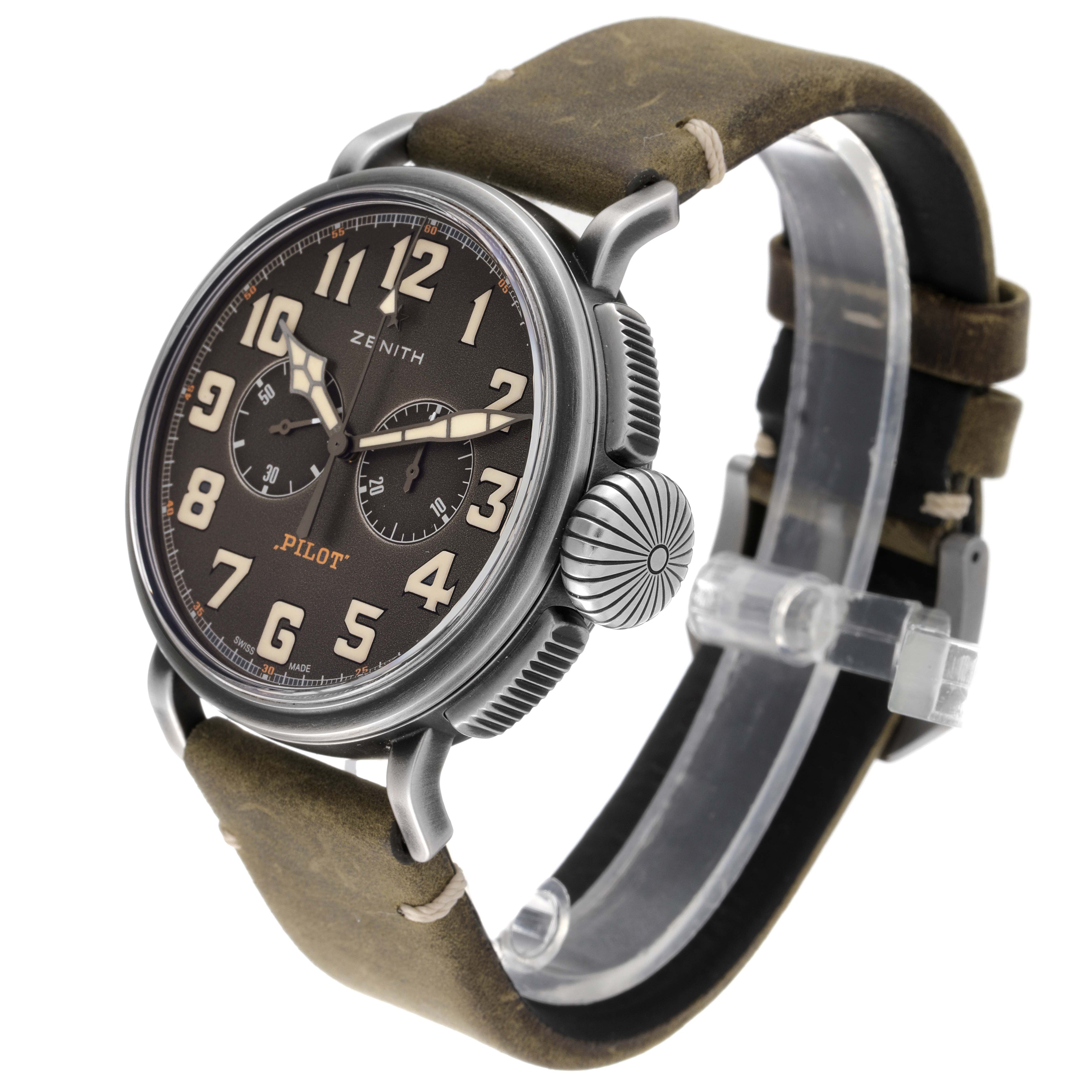 This Zenith Pilot 11.2430.4069/21.C773 Men's Stainless Steel Grey Dial 11.2430.4069/21.C773 Men's Stainless Steel Grey Dial watch is shown at a three-quarter angle, displaying the dial, large crown, lugs, and leather strap.