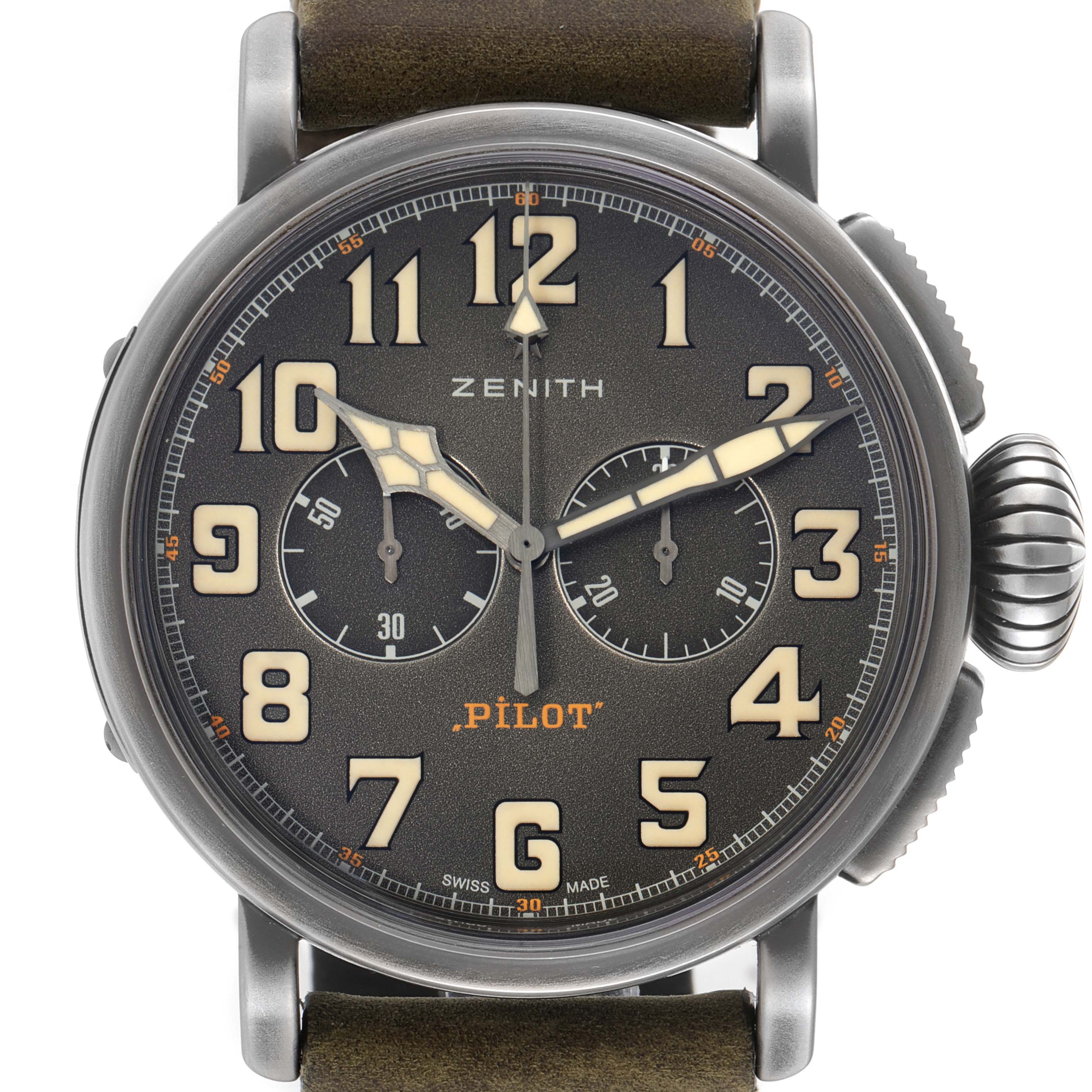 The image shows a front angle of the Zenith Pilot 11.2430.4069/21.C773 Men's Stainless Steel Grey Dial 11.2430.4069/21.C773 Men's Stainless Steel Grey Dial watch, displaying its dial, numbers, subdials, and crown.