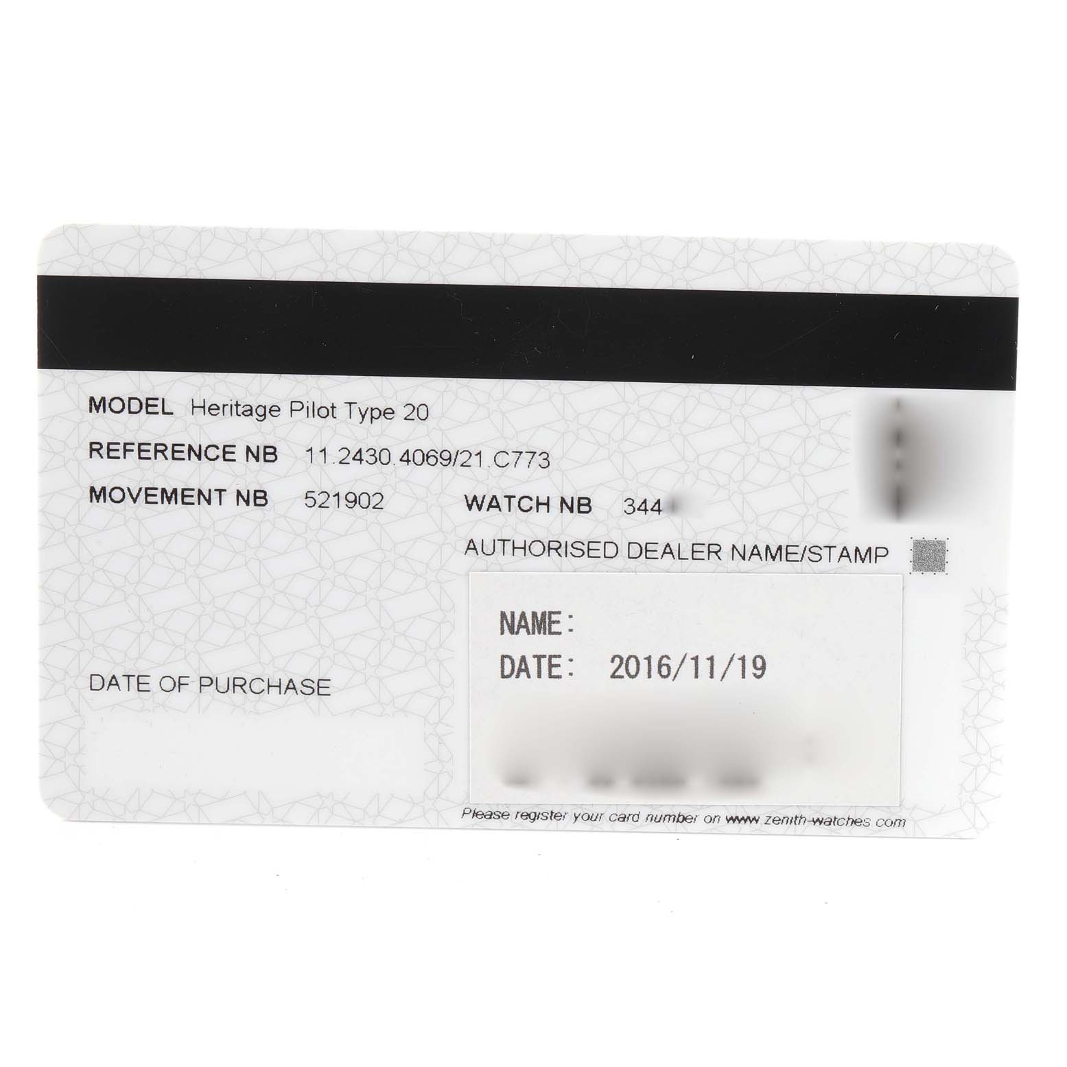 This image shows the warranty card for a Zenith Heritage Pilot Type 20 watch.