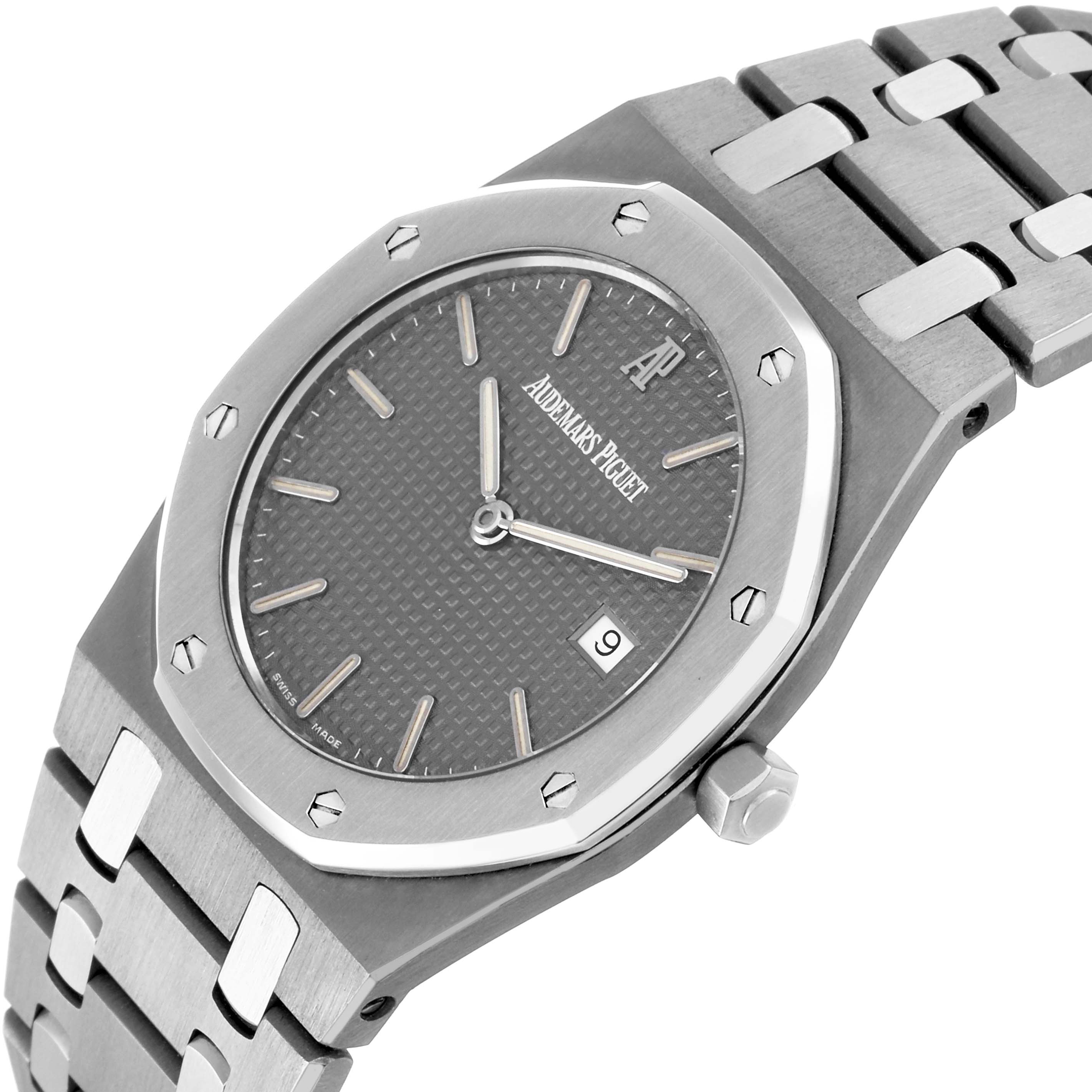 The Audemars Piguet Royal Oak 56175TT Men's Stainless Steel Grey Dial watch is shown at a three-quarter angle, highlighting the dial, bezel, bracelet, and crown.