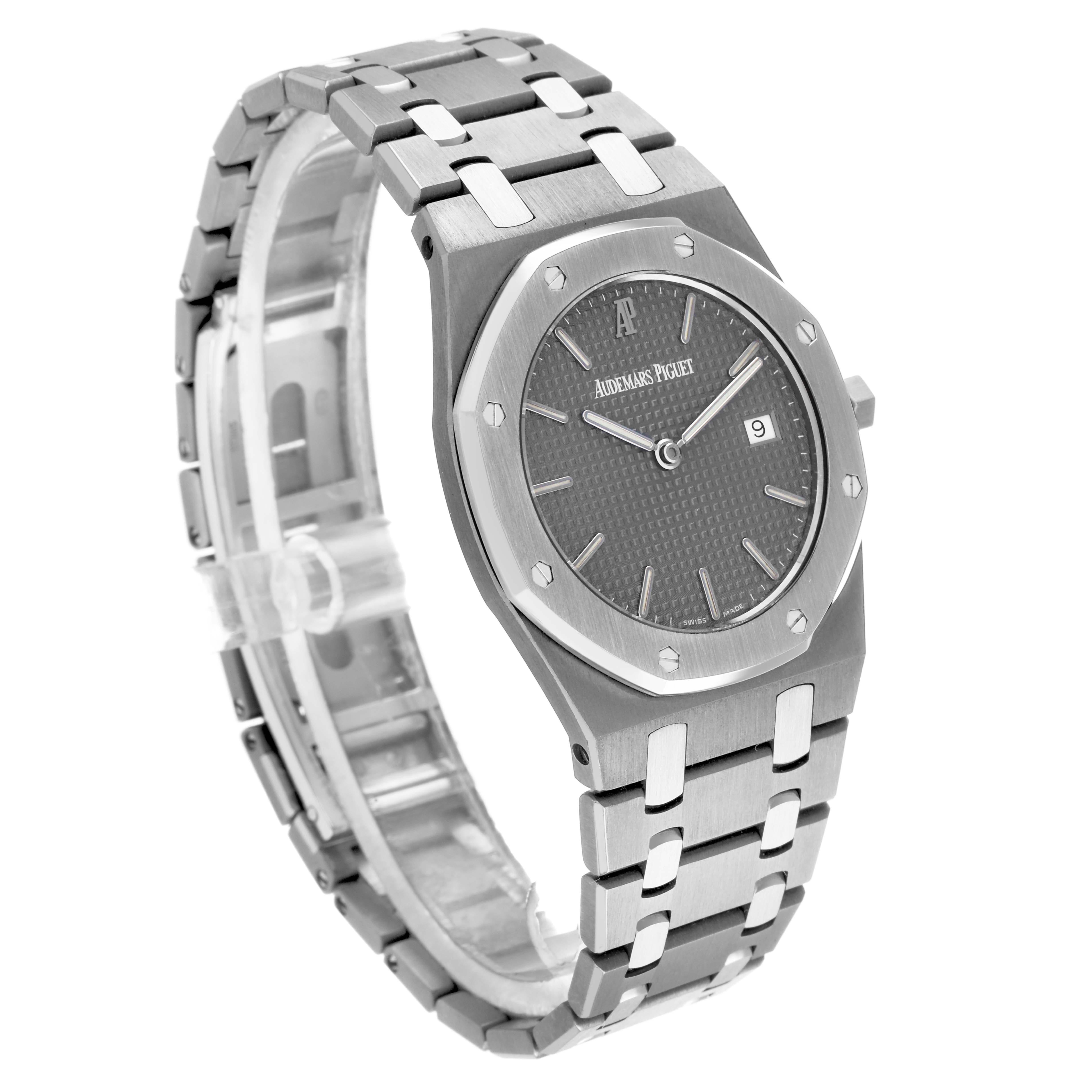 The image shows a side view of the Audemars Piguet Royal Oak 56175TT Men's Stainless Steel Grey Dial, highlighting its octagonal bezel and integrated metal bracelet.