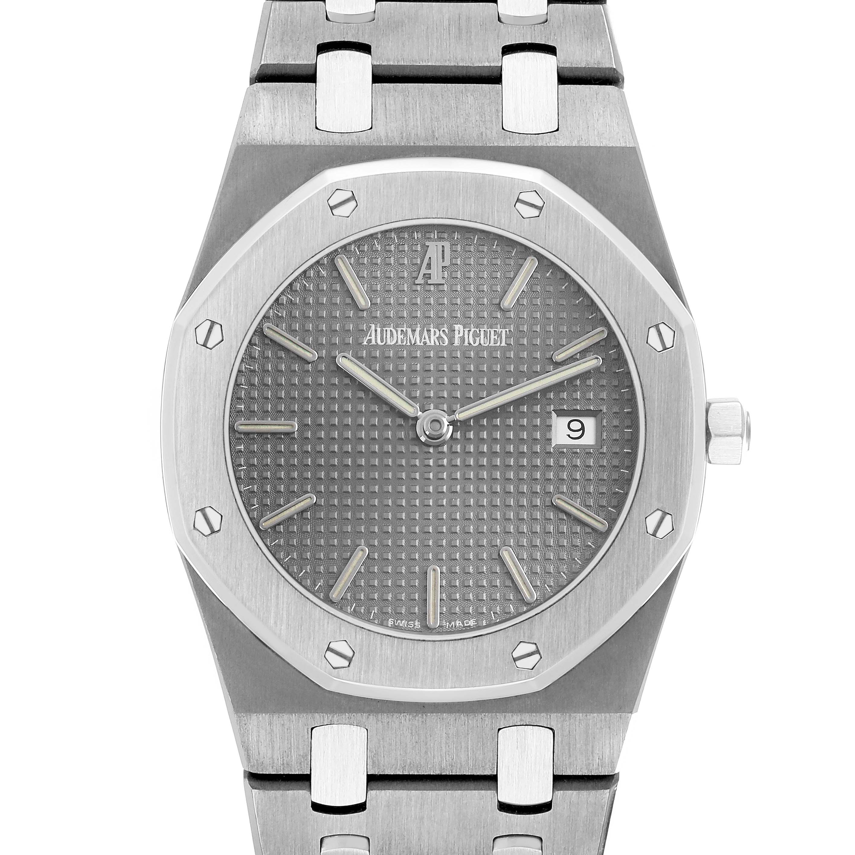 The image shows a front view of an Audemars Piguet Royal Oak 56175TT Men's Stainless Steel Grey Dial watch, highlighting its octagonal bezel, dial, and bracelet.