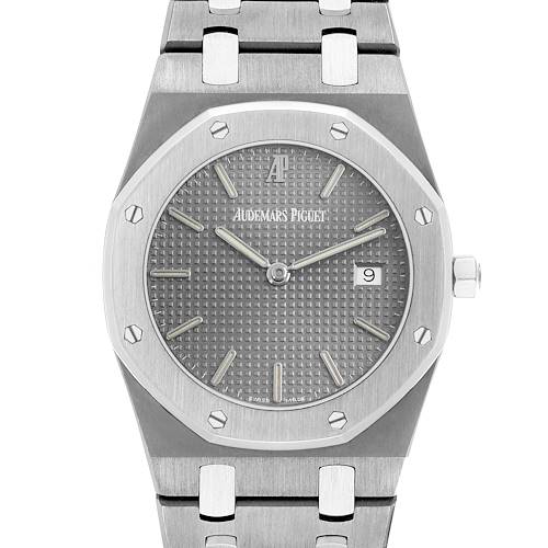 The image shows a frontal view of the Audemars Piguet Royal Oak 56175TT Men's Stainless Steel Grey Dial, highlighting its octagonal bezel, dial, and integrated bracelet.
