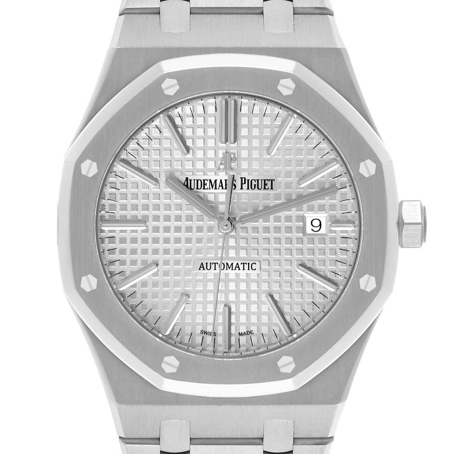 The Audemars Piguet Royal Oak watch is shown from a front angle, highlighting the dial, bezel, and part of the bracelet.