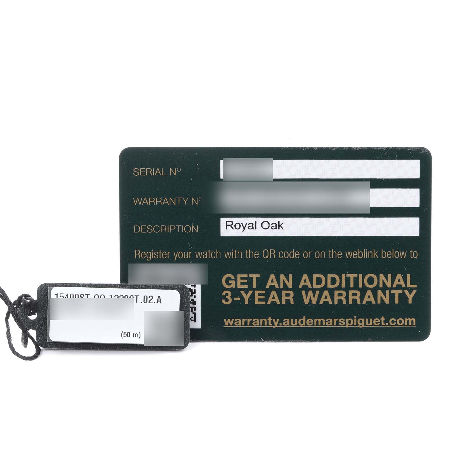 The image shows a warranty card and tag for the Audemars Piguet Royal Oak 15400ST.OO.1220ST.02.A Men's Stainless Steel Silver Dial 15400ST.OO.1220ST.02.A Men's Stainless Steel Silver Dial model.