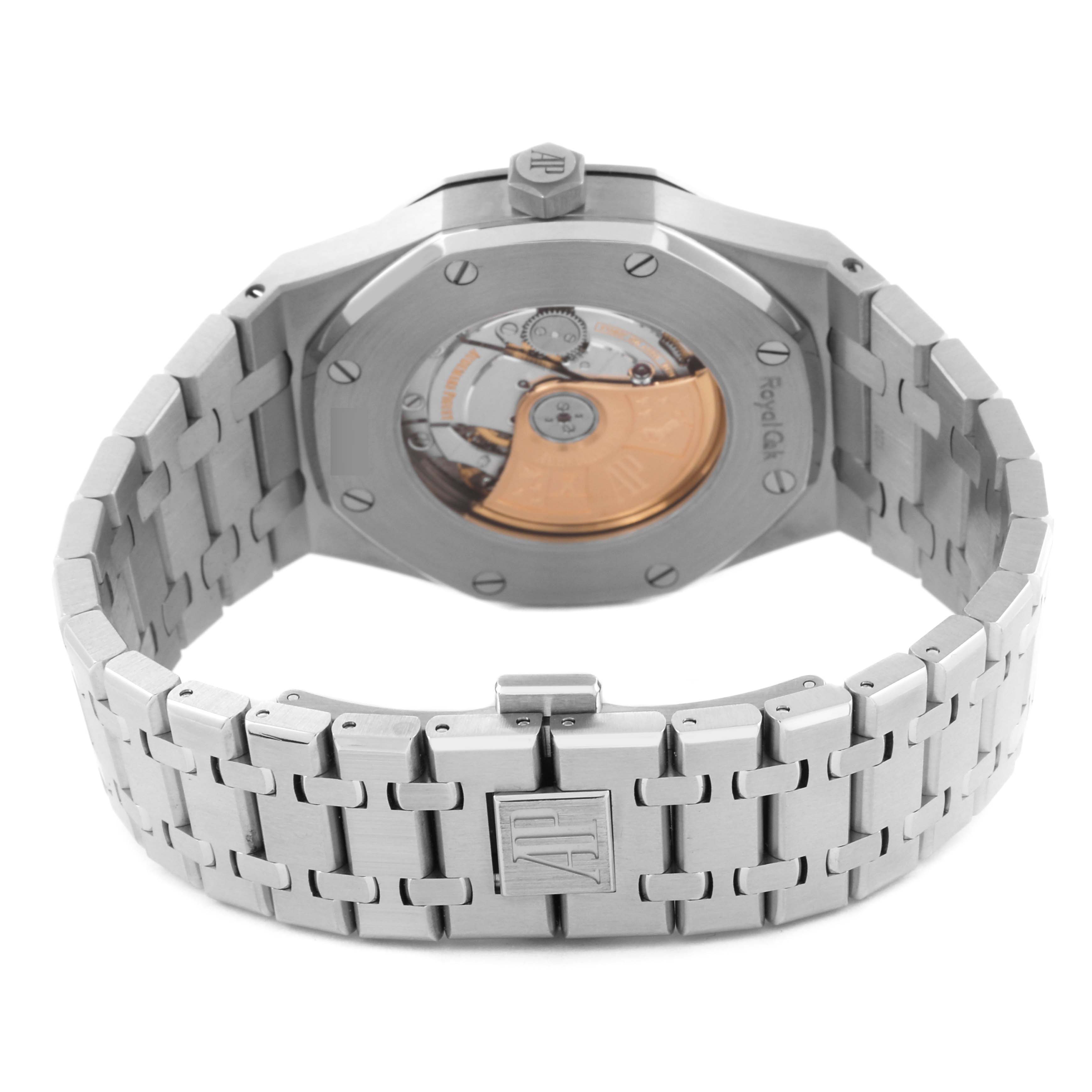 The Audemars Piguet Royal Oak 15400ST.OO.1220ST.02.A Men's Stainless Steel Silver Dial 15400ST.OO.1220ST.02.A Men's Stainless Steel Silver Dial watch is shown from the back, displaying the case back and part of the bracelet.