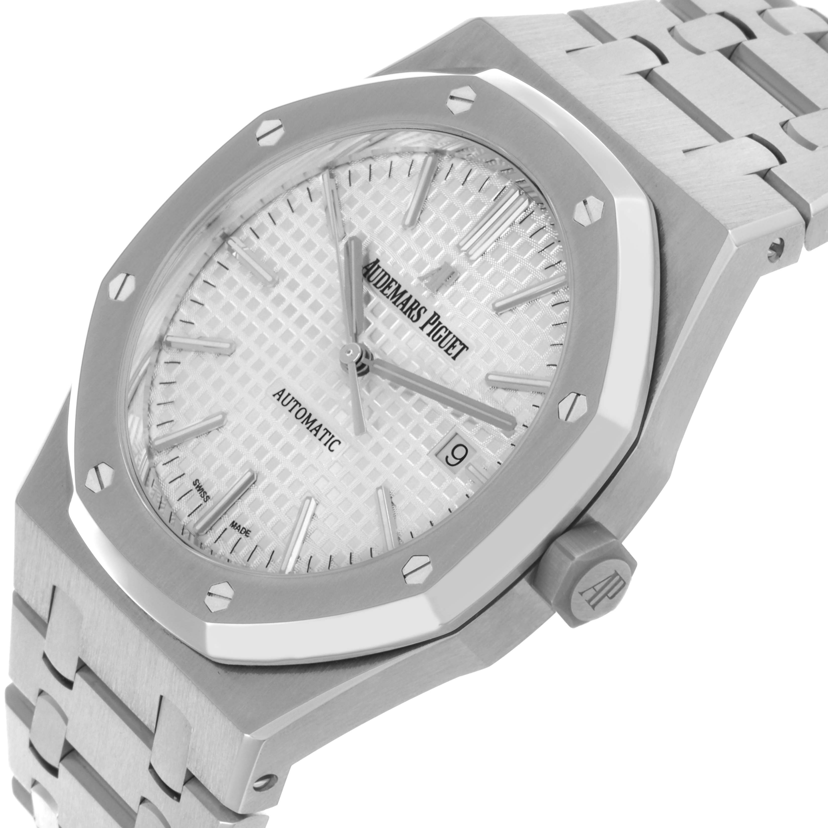 The Audemars Piguet Royal Oak 15400ST.OO.1220ST.02.A Men's Stainless Steel Silver Dial 15400ST.OO.1220ST.02.A Men's Stainless Steel Silver Dial watch is shown from an angled side view, highlighting its bezel, dial, bracelet, and crown.
