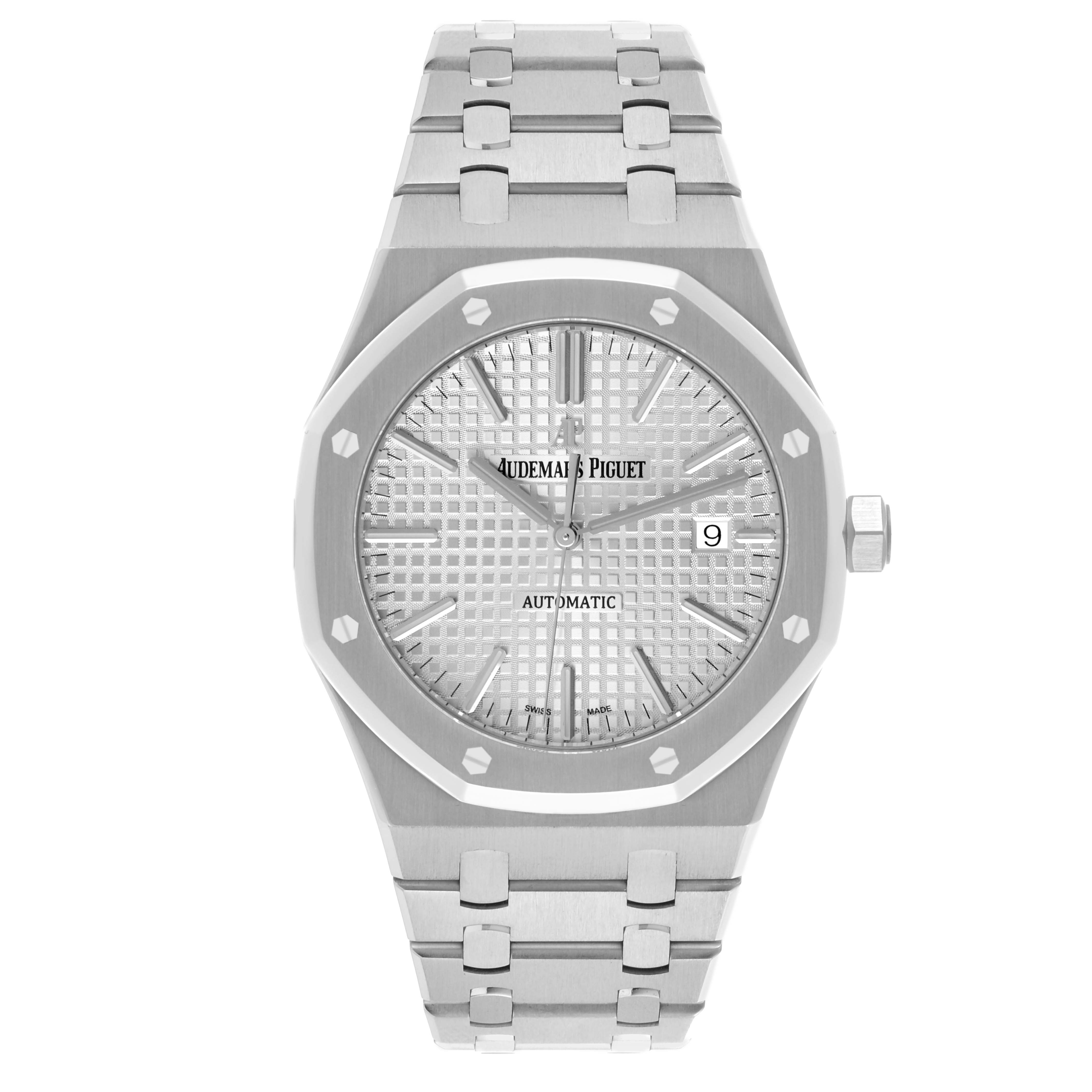 The Audemars Piguet Royal Oak 15400ST.OO.1220ST.02.A Men's Stainless Steel Silver Dial 15400ST.OO.1220ST.02.A Men's Stainless Steel Silver Dial watch is shown from a front angle, highlighting its face, bezel, and bracelet.