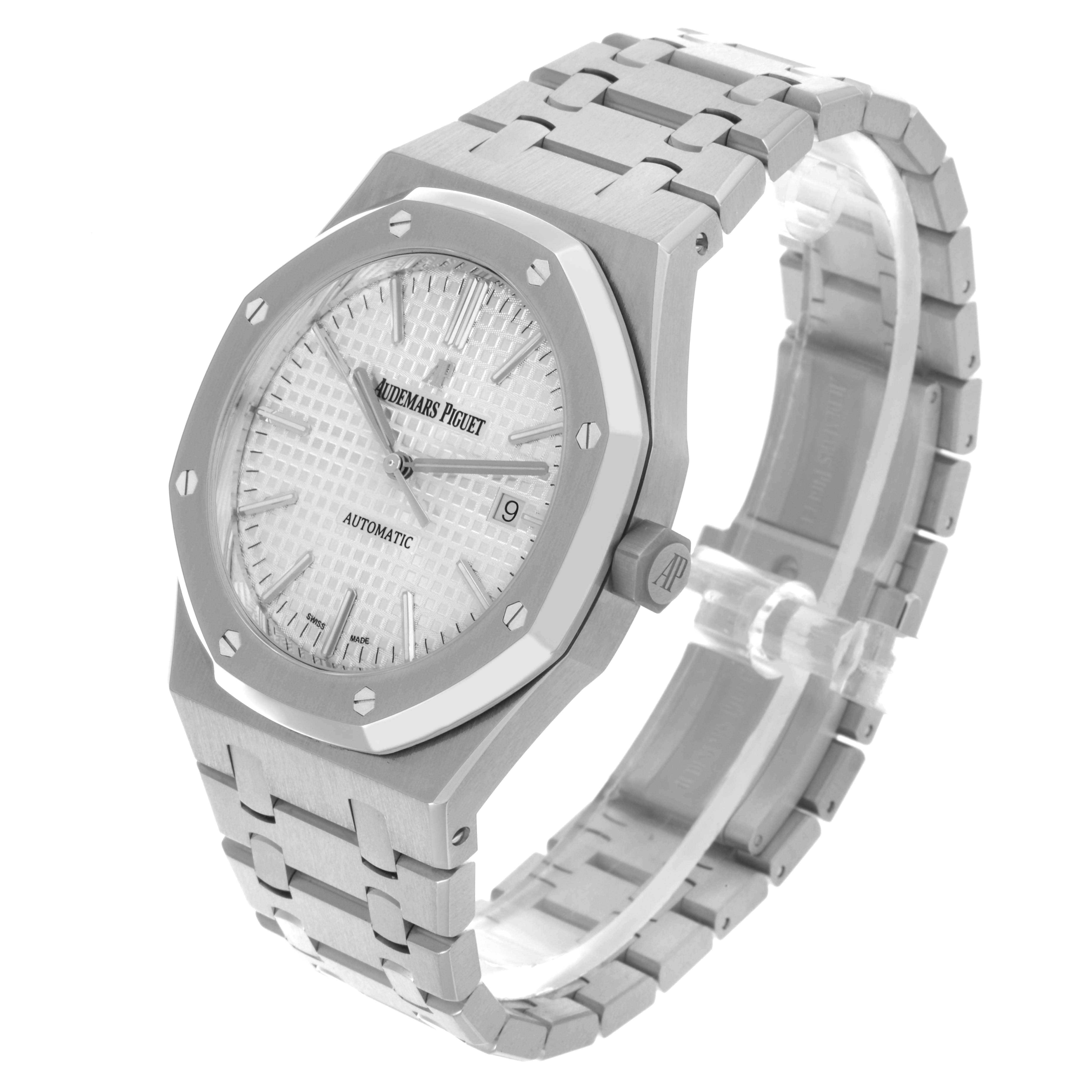 The Audemars Piguet Royal Oak 15400ST.OO.1220ST.02.A Men's Stainless Steel Silver Dial 15400ST.OO.1220ST.02.A Men's Stainless Steel Silver Dial watch is shown at an angle highlighting the face, bezel, and bracelet.