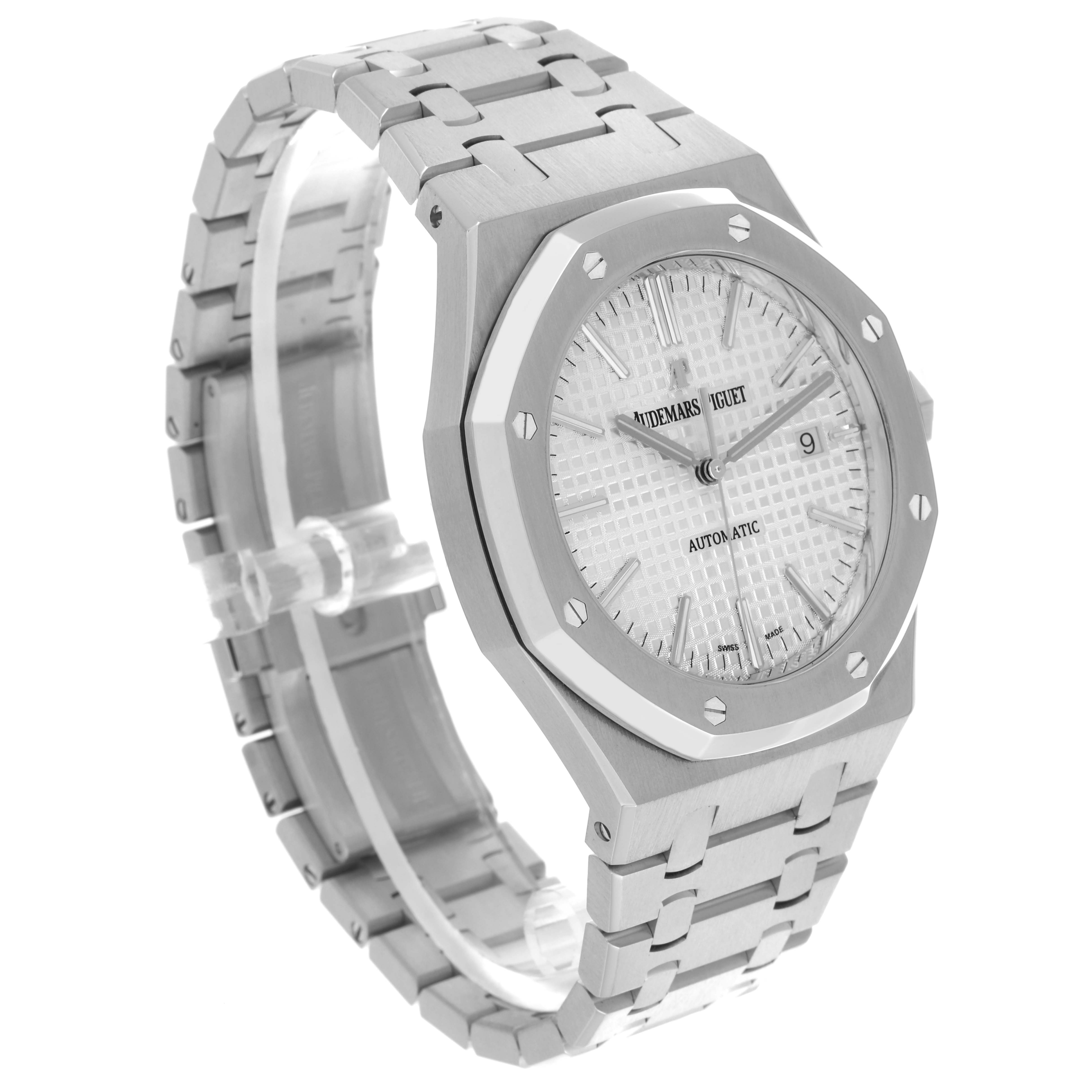 The image shows a side angle of the Audemars Piguet Royal Oak 15400ST.OO.1220ST.02.A Men's Stainless Steel Silver Dial 15400ST.OO.1220ST.02.A Men's Stainless Steel Silver Dial watch, highlighting the face, bezel, and bracelet.