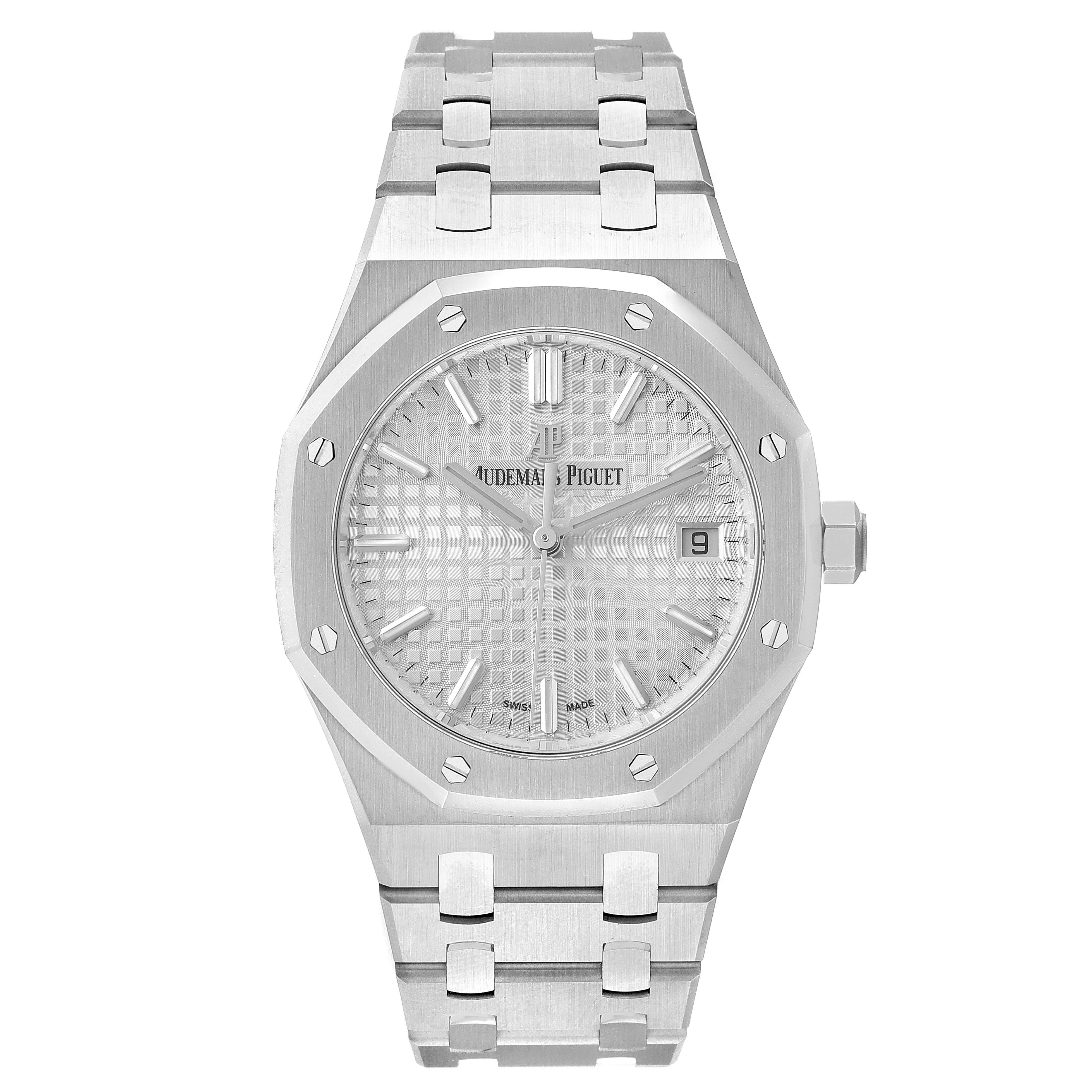 The image shows a frontal view of the Audemars Piguet Royal Oak 77350ST.OO.1261ST.01 Men's Stainless Steel White Dial 77350ST.OO.1261ST.01 Men's Stainless Steel White Dial watch, highlighting its dial, bracelet, and octagonal bezel.