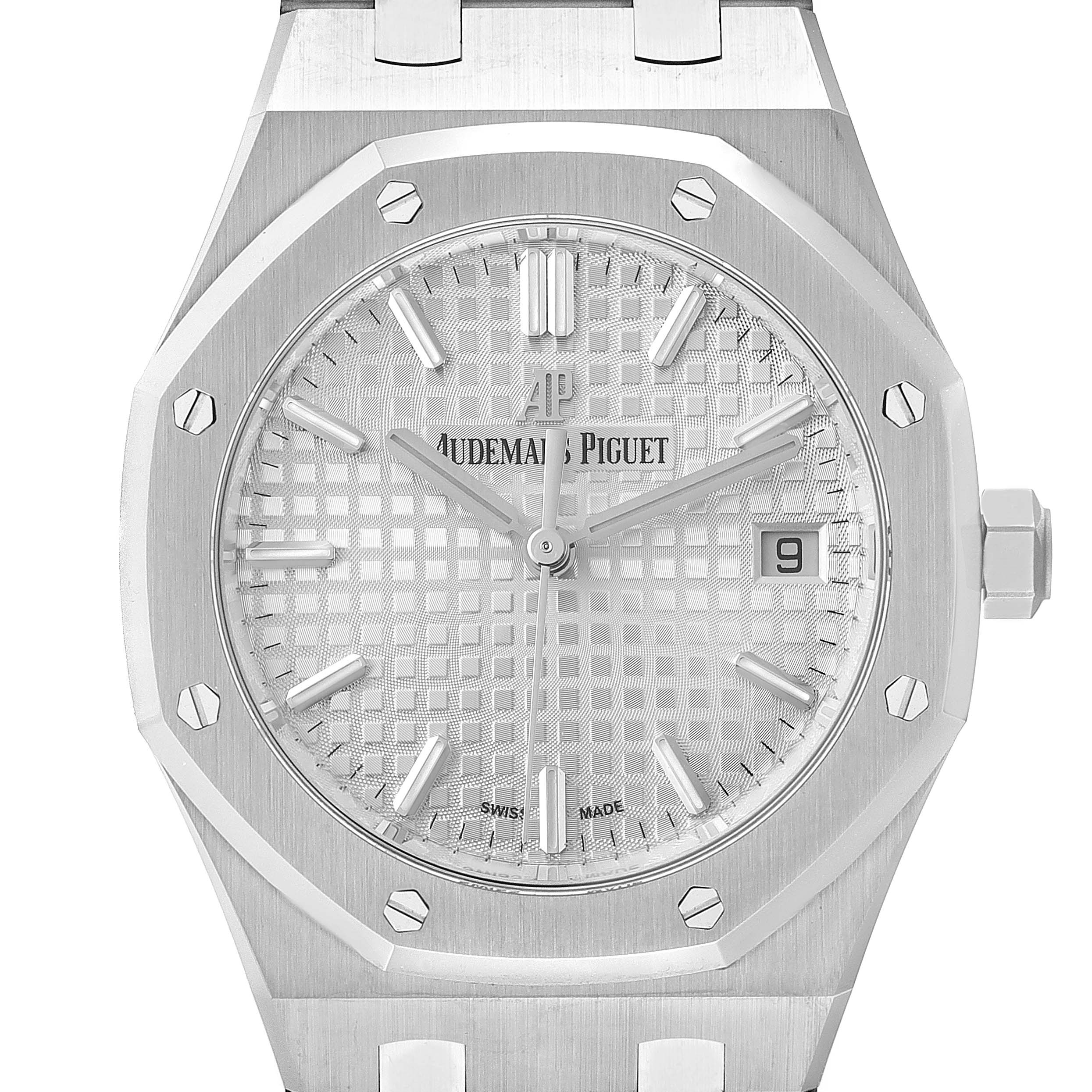 This is a close-up view of the dial and bezel of an Audemars Piguet Royal Oak 77350ST.OO.1261ST.01 Men's Stainless Steel White Dial 77350ST.OO.1261ST.01 Men's Stainless Steel White Dial watch.