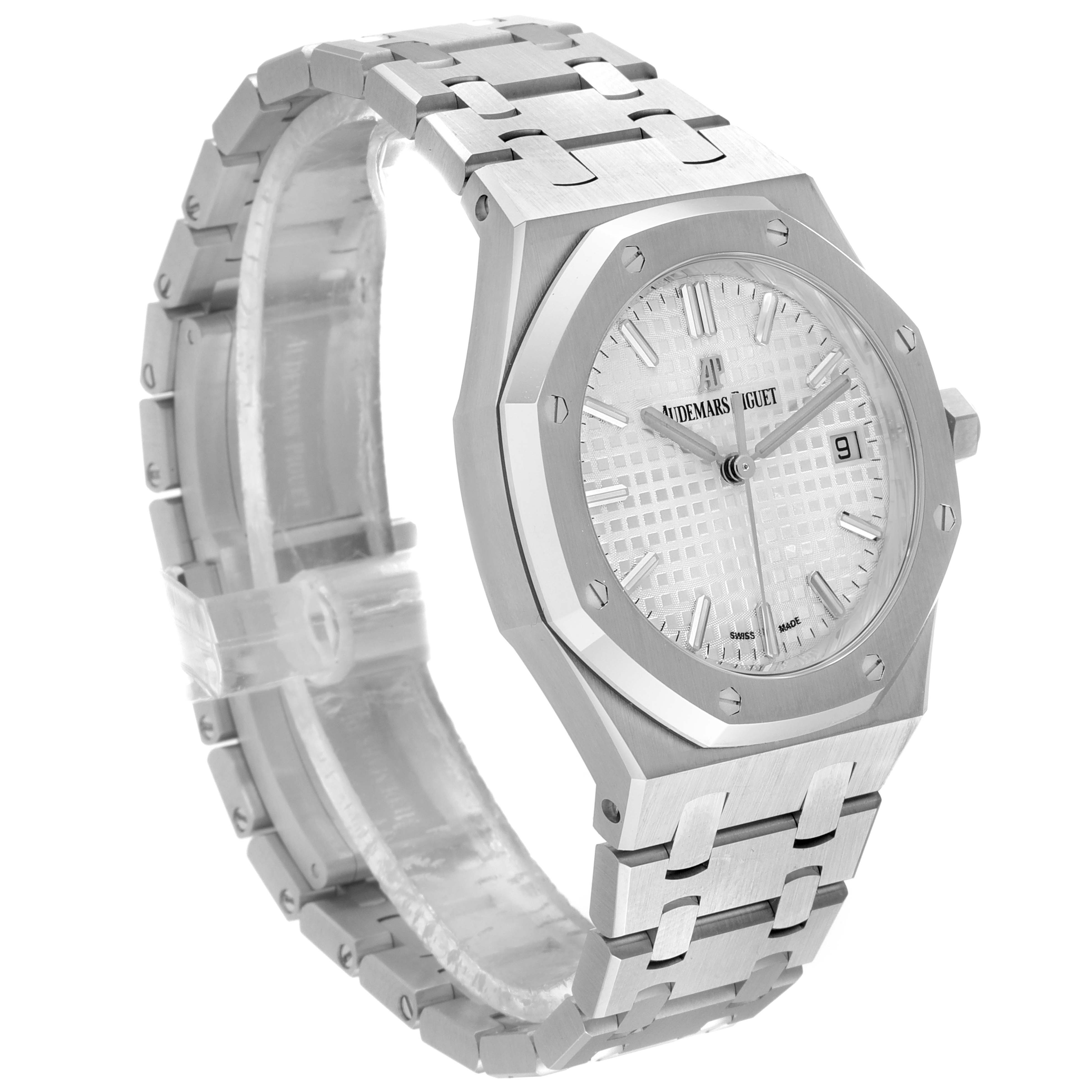 This Audemars Piguet Royal Oak 77350ST.OO.1261ST.01 Men's Stainless Steel White Dial 77350ST.OO.1261ST.01 Men's Stainless Steel White Dial watch is shown from an angled top-front view, displaying its face, bezel, and bracelet.