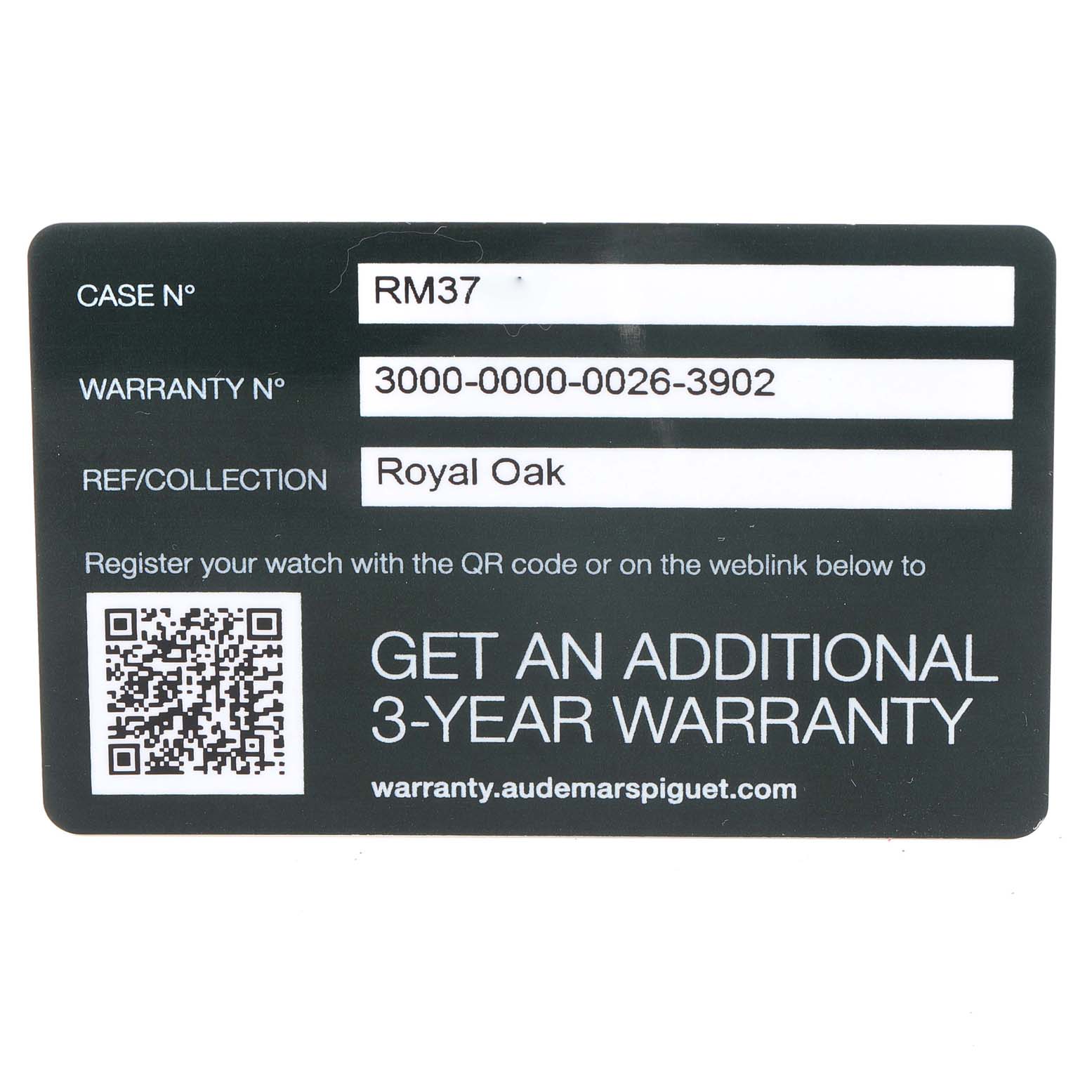 This image shows the warranty card for the Royal Oak model by Audemars Piguet, including case number and warranty details.