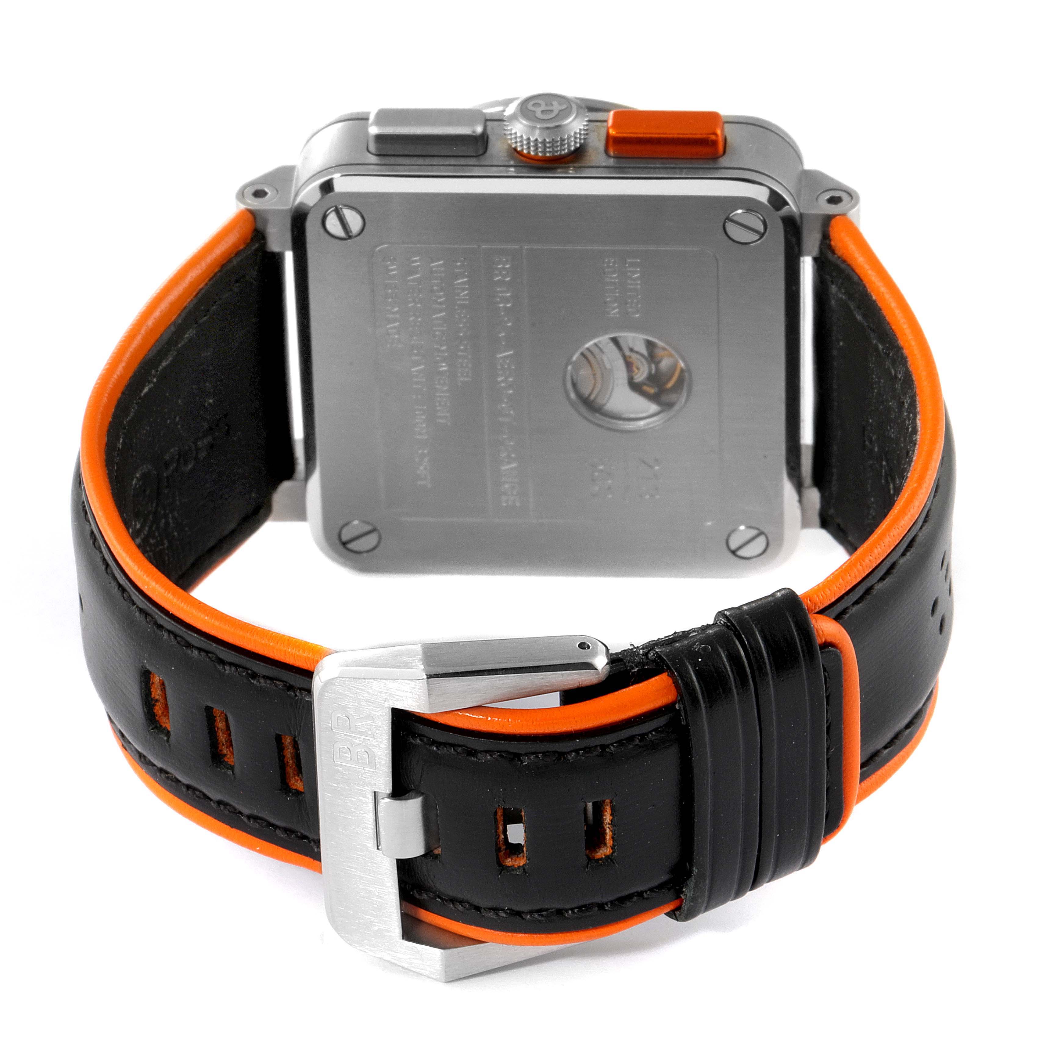 The image shows the back view of the Bell & Ross BR0394 Aero GT Orange Skeleton Steel Men's Watch, focusing on the case back and leather strap.