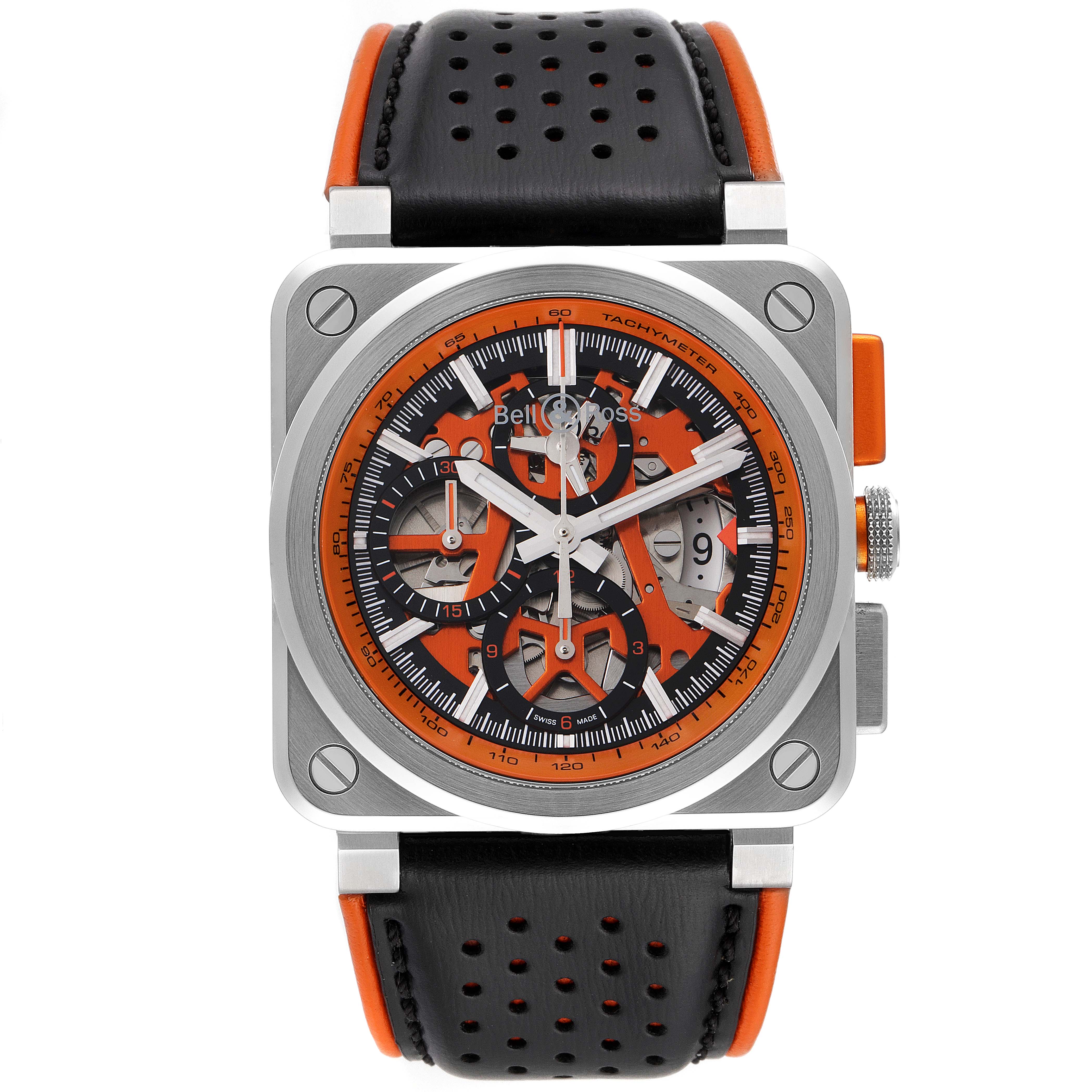 The image shows a front view of the Bell & Ross Aero GT Orange Skeleton Steel Men's Watch BR0394 with a square case and black strap.