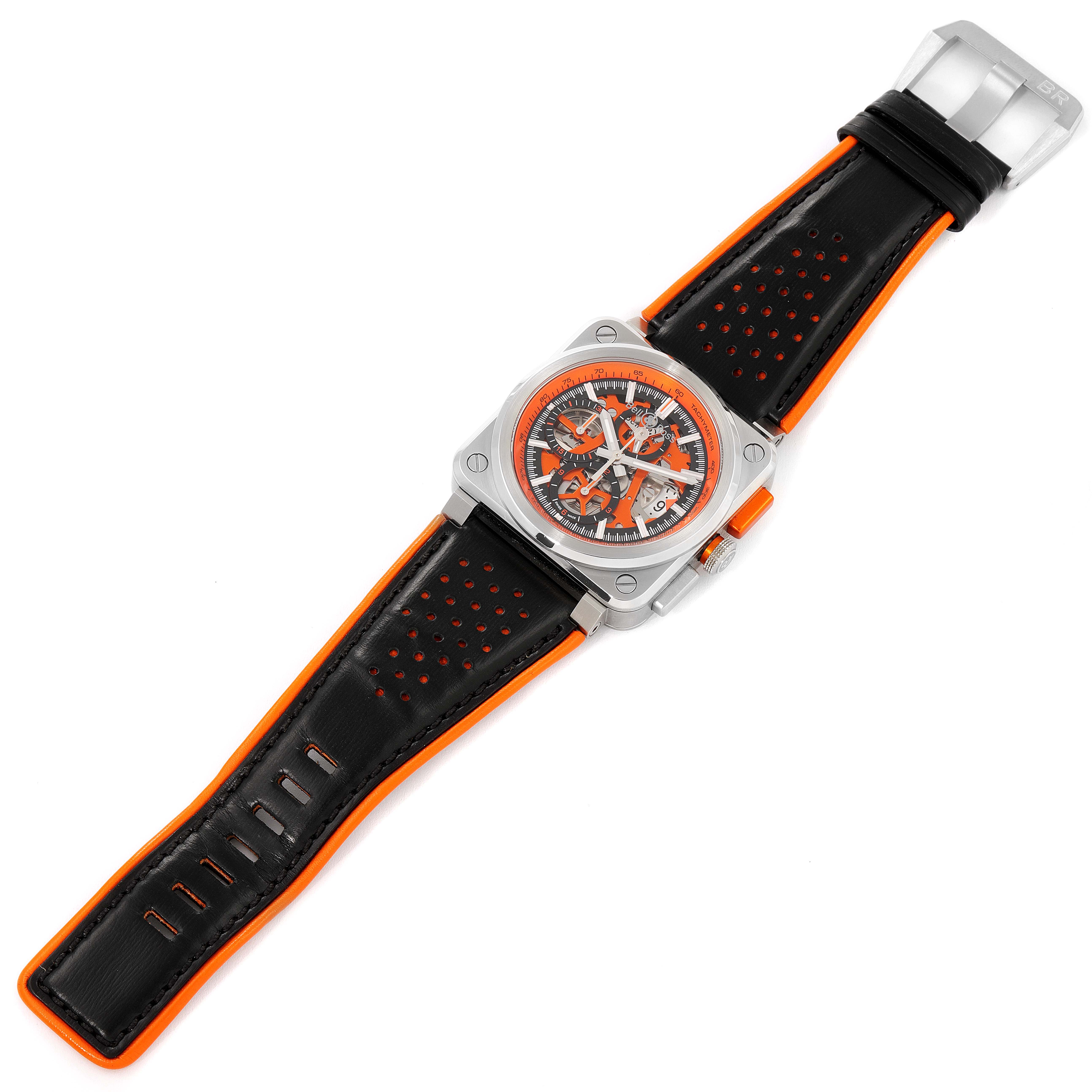 The Bell & Ross Aero GT Orange Skeleton Steel Mens Watch BR0394 is shown from a top-down angle, highlighting its face and strap.