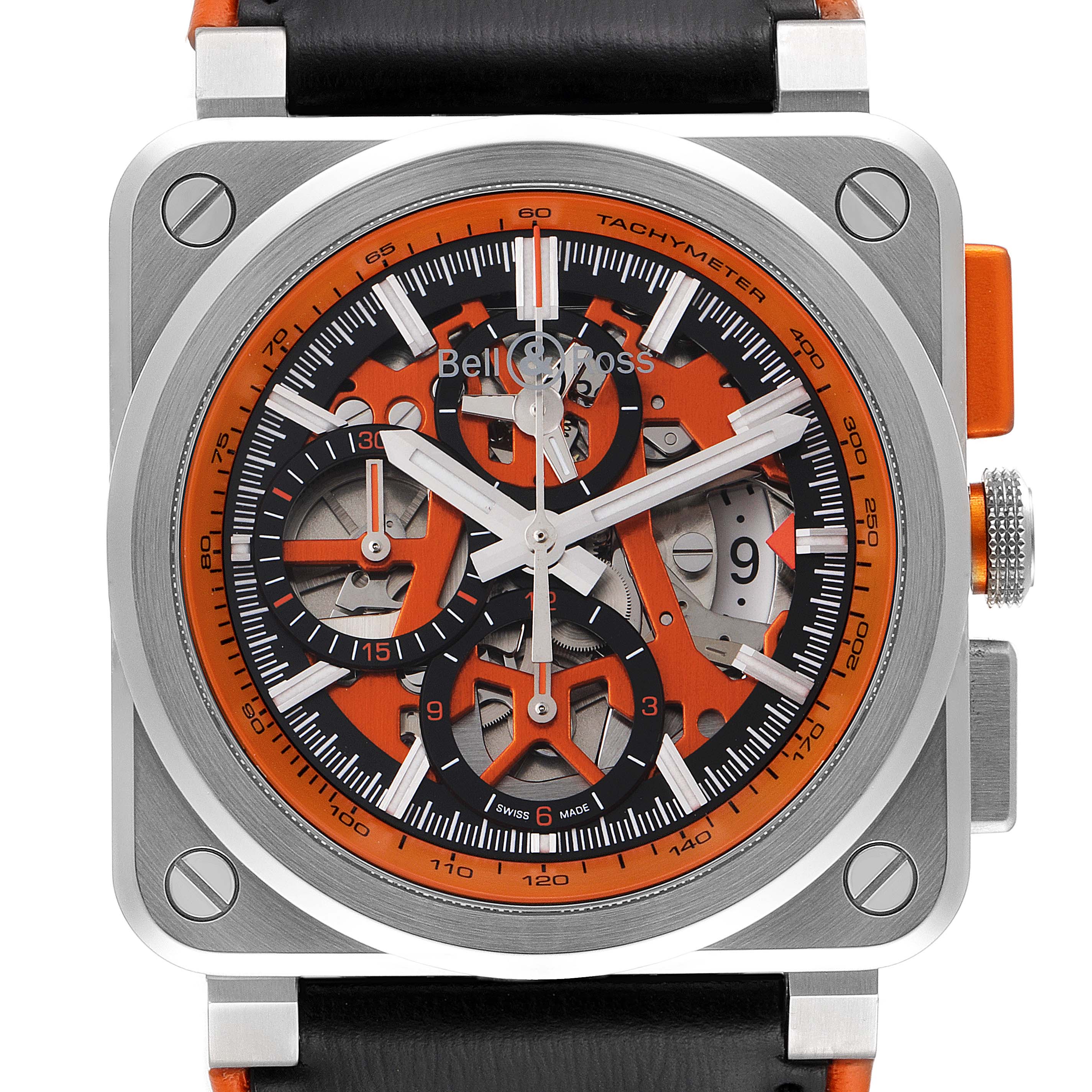 The image shows a close-up view of the Bell & Ross Instruments BR0394-SC-ORA/SCA Men's Stainless Steel Orange Dial BR0394-SC-ORA/SCA Men's Stainless Steel Orange Dial model watch, focusing on the face and bezel.