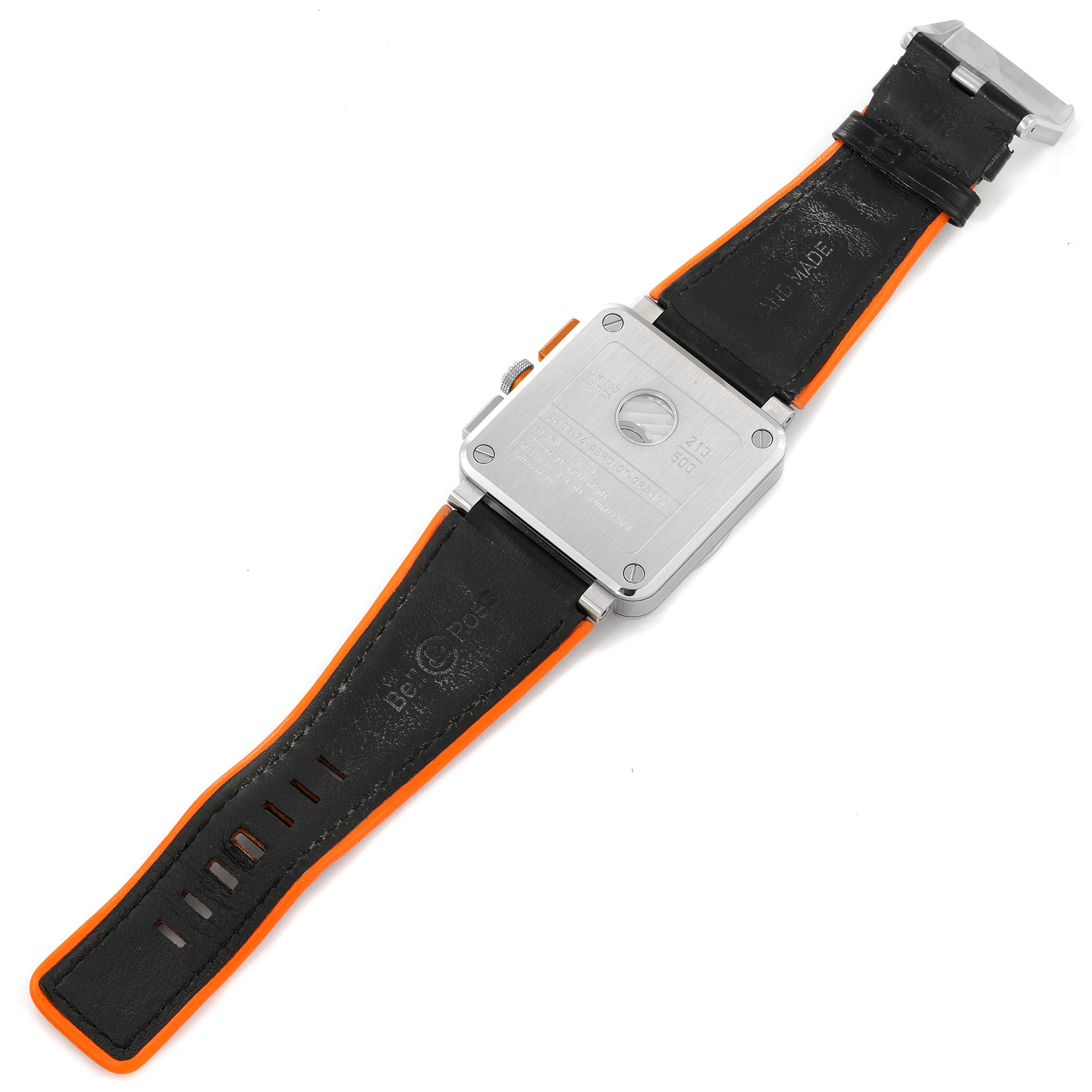 The image shows the back of the Bell & Ross Aero GT Orange Skeleton Steel Men's Watch BR0394 lying flat, highlighting the case back and straps.