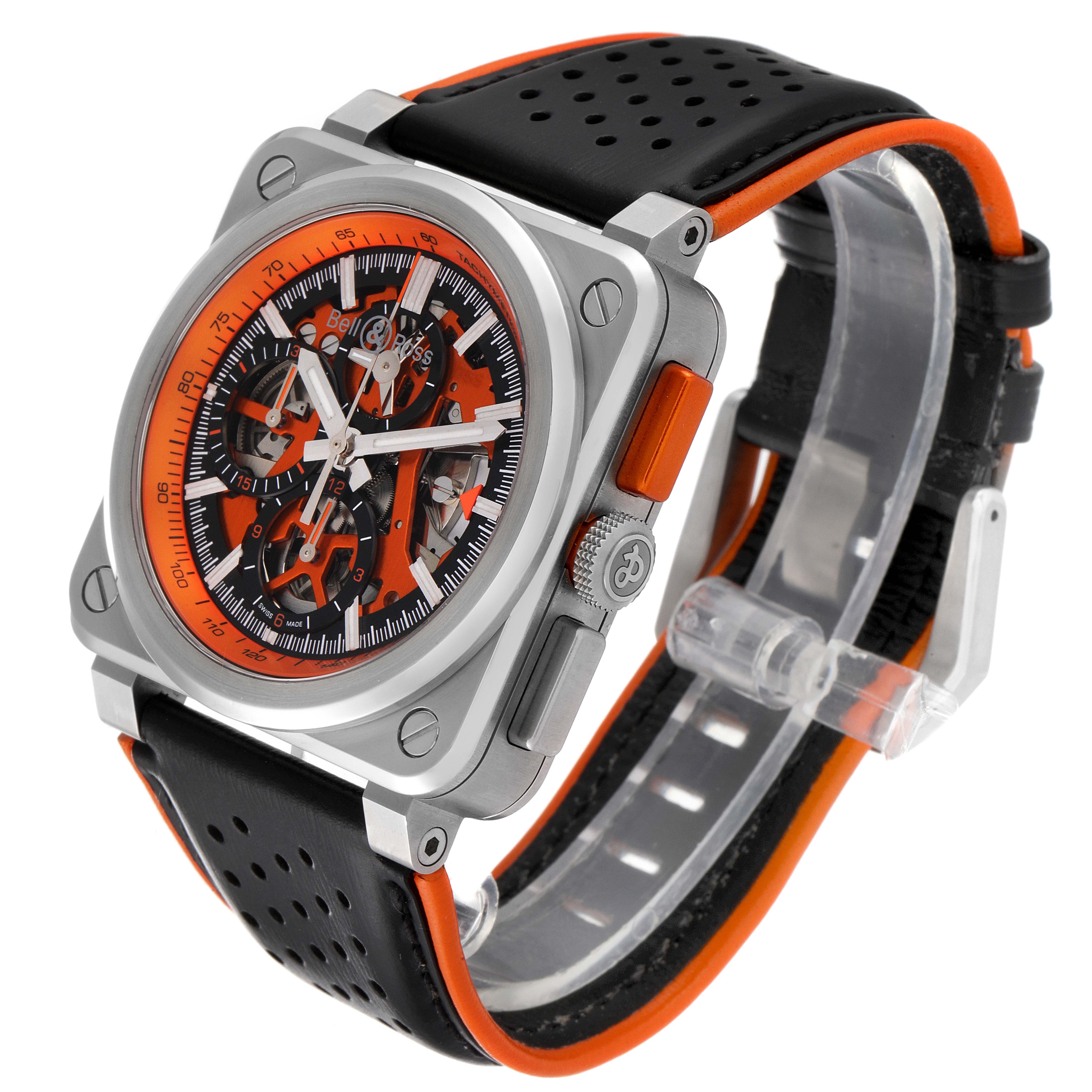 The Bell & Ross Aero GT Orange Skeleton Steel Men's Watch BR0394 is shown from a front angle, highlighting the face, bezel, and strap.